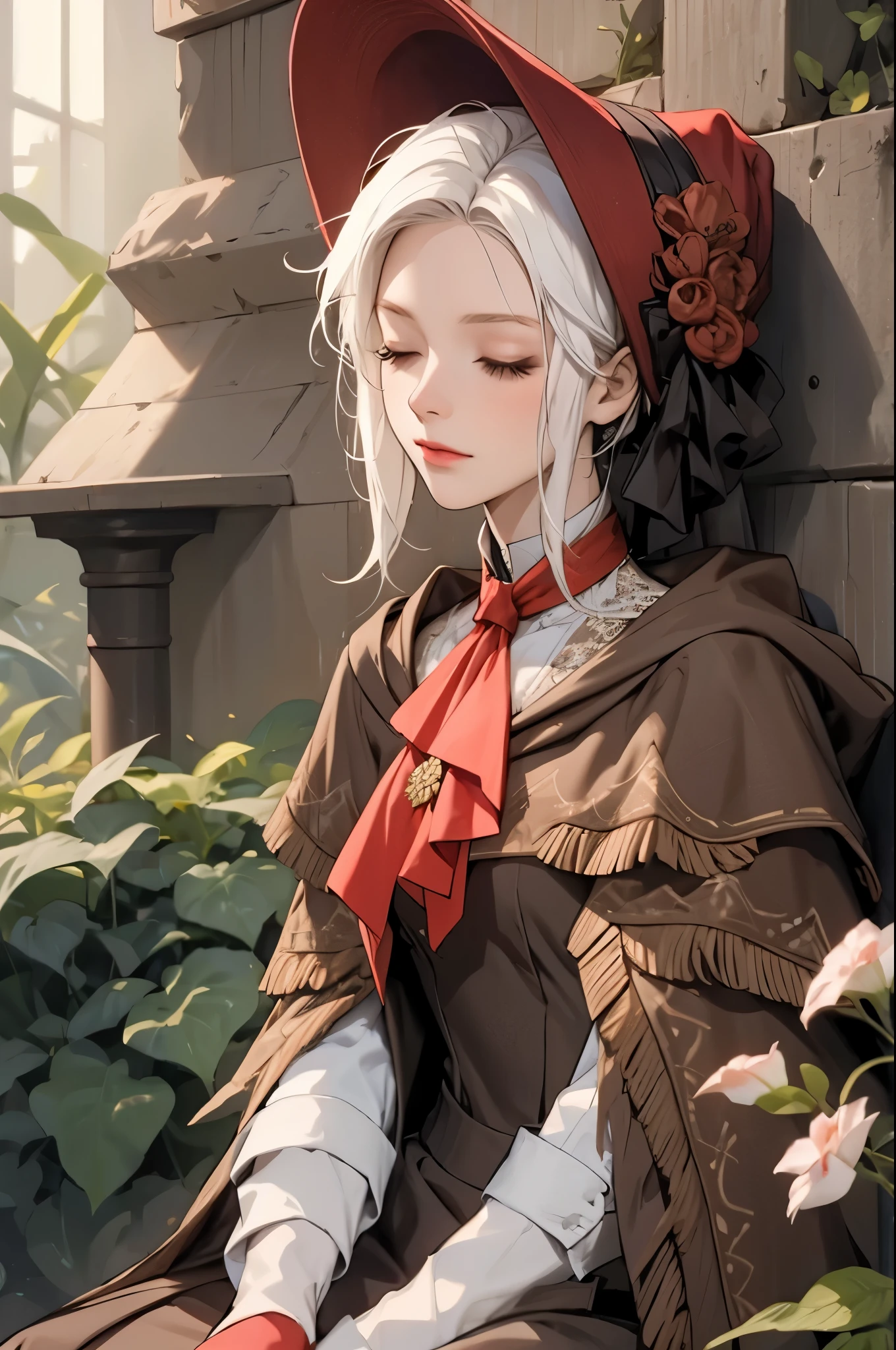 plaindoll, white hair, pale skin, white eyelashes, sitting, closed eyes, sleeping, closed mouth, white eyelash, doll joints, bonnet, red ascot, brown cloak, brown dress, long dress, gloves, rock wall, muted color, 1girl, solo, (masterpiece:1.6, best quality),
