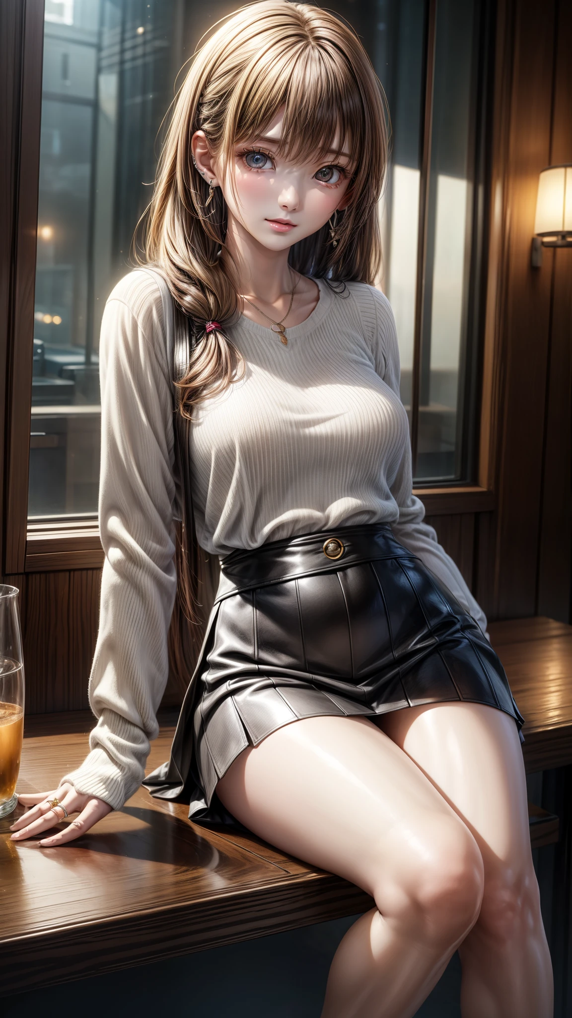 8K quality、High definition、Realistic skin texture、High definitionの瞳、Man sitting、A female cafe owner seduces a male customer、Brown long hair、、Ring piercing of the earlobe、Neat blouse、Neat skirt、Beautiful legs、Beautiful thighs、Dignified face、slender、Model Body Type、Ripe body、Neat 30 year old woman、Flip-up skirt、Bare buttocks、Exposed genitals