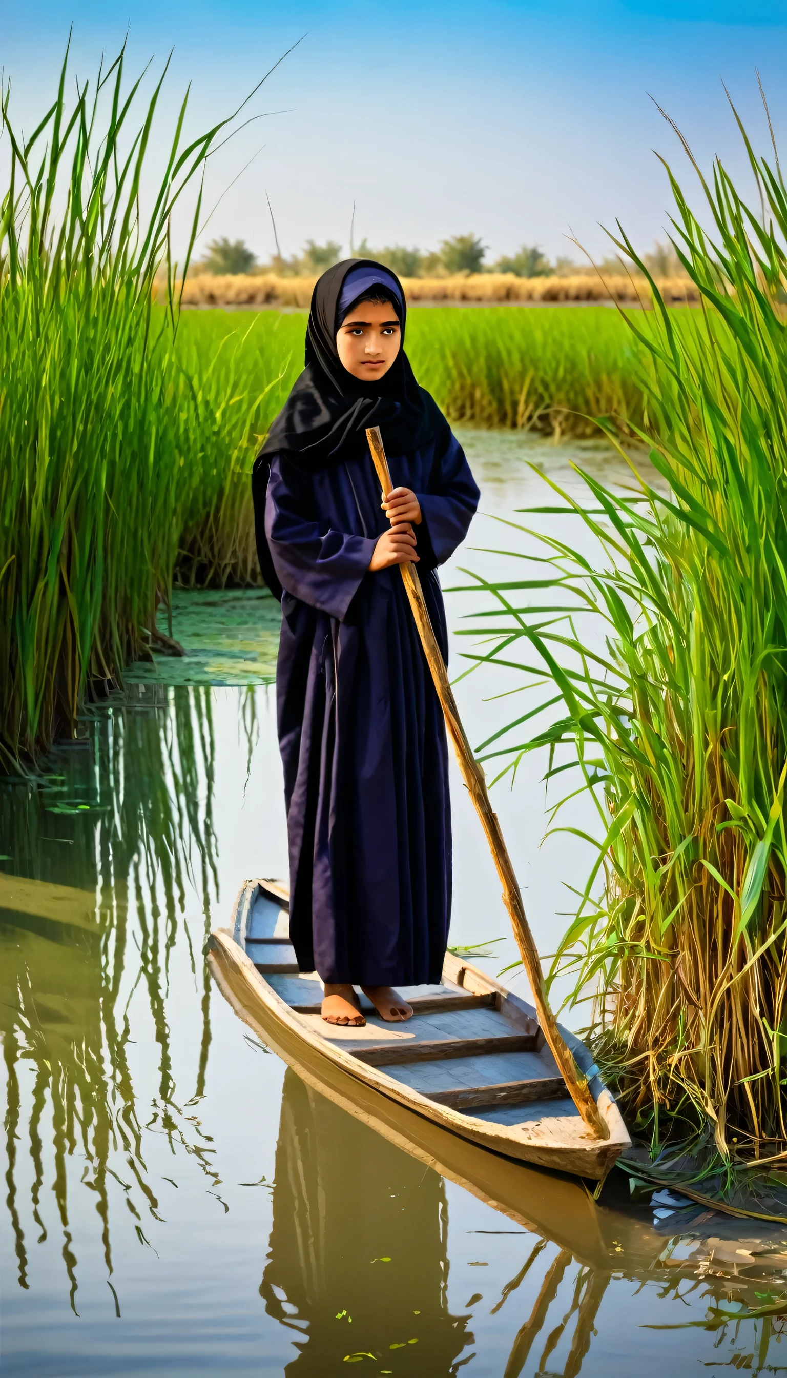 Iraqi 10-years old girl wearing a traditional robe in a boat and holding a stick in a swamp, Southern Iraq, marshes, traditional boat, the surroundings include grass and reeds and plants, solo, black_hair, 1girl, girl_focus, black hijab, grass, realistic, holding, outdoors, standing, photo realistic, best quality, modern art, painting, drawing, watercolor, psychedelic colors