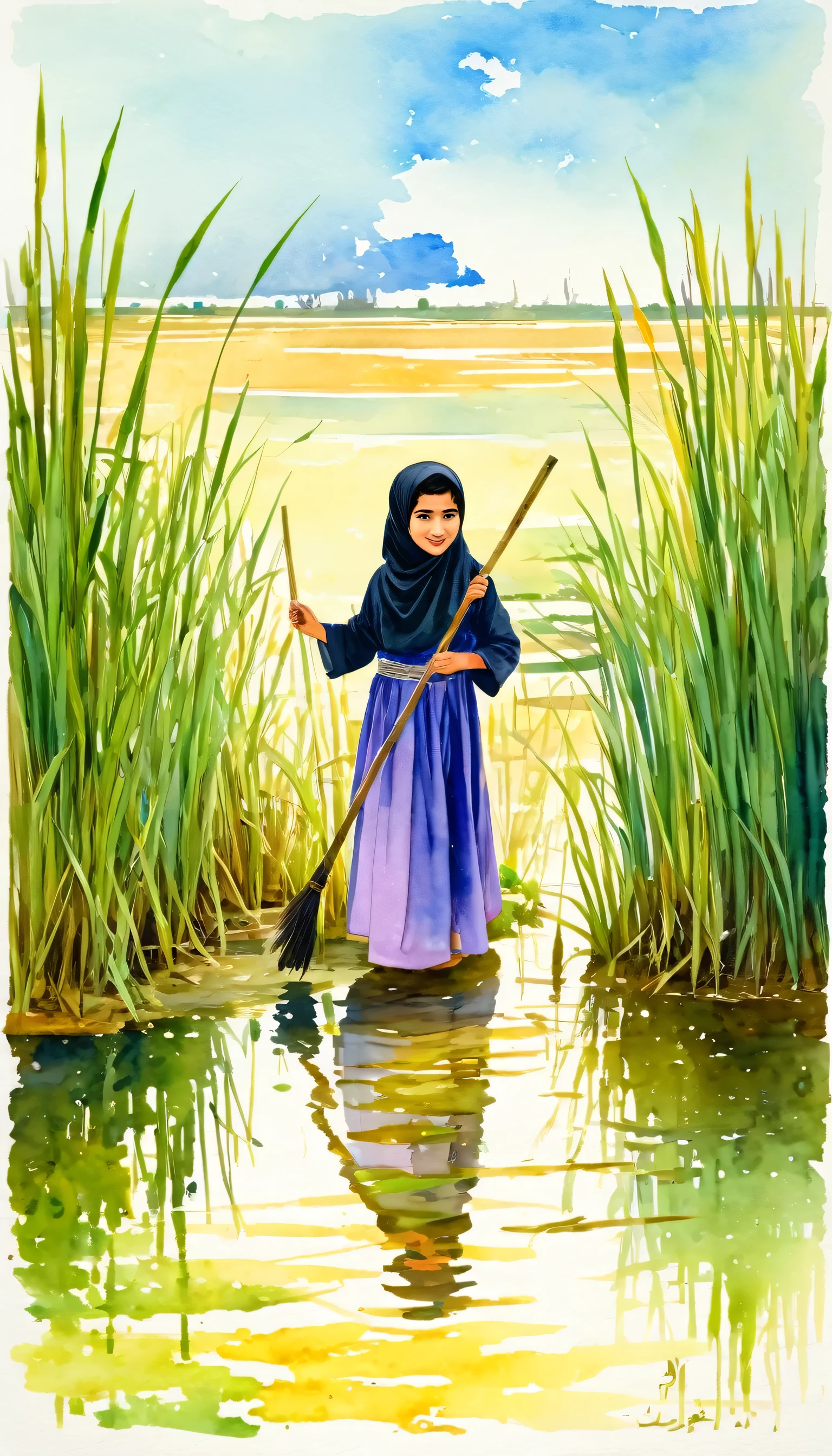 Iraqi 8-years old girl wearing a traditional robe in a boat and holding a stick in a swamp, Southern Iraq, marshes, traditional boat, the surroundings include grass and reeds and plants, solo, black_hair, 1girl, girl_focus, black hijab, grass, realistic, holding, outdoors, standing, modern art, painting, drawing, watercolor, psychedelic colors