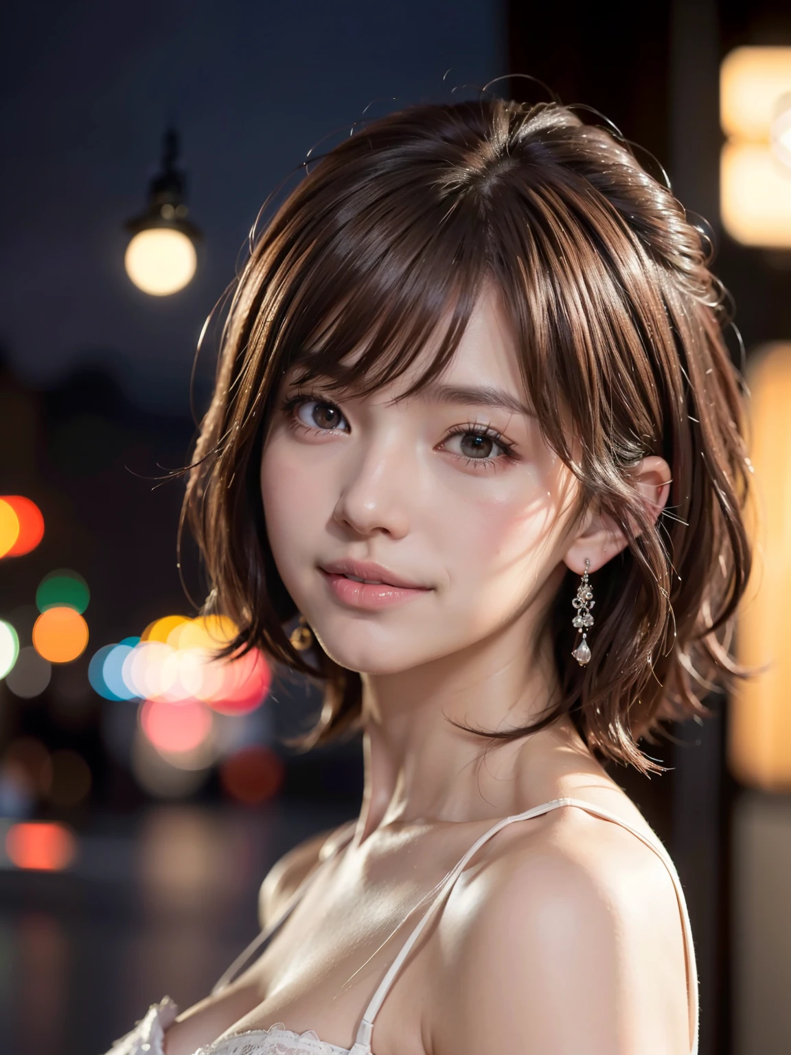 1 Japanese idol, (Raw photo, Best Quality), (Realistic, Photorealsitic:1.4), masutepiece, extremely delicate and beautiful, Extremely detailed, 8k wallpaper, amazing, finely detail, extremely detailed CG Unity, hight resolution, Soft light, Beautiful detailed 2, extremely detailed eye and face, beautiful detailed nose, Beautiful detailed eyes,Cinematic lighting,city light at night,Slender,Smiling, (medium hair, hair messy, asymmetrical bangs, light brown hair), higuchi_madoka