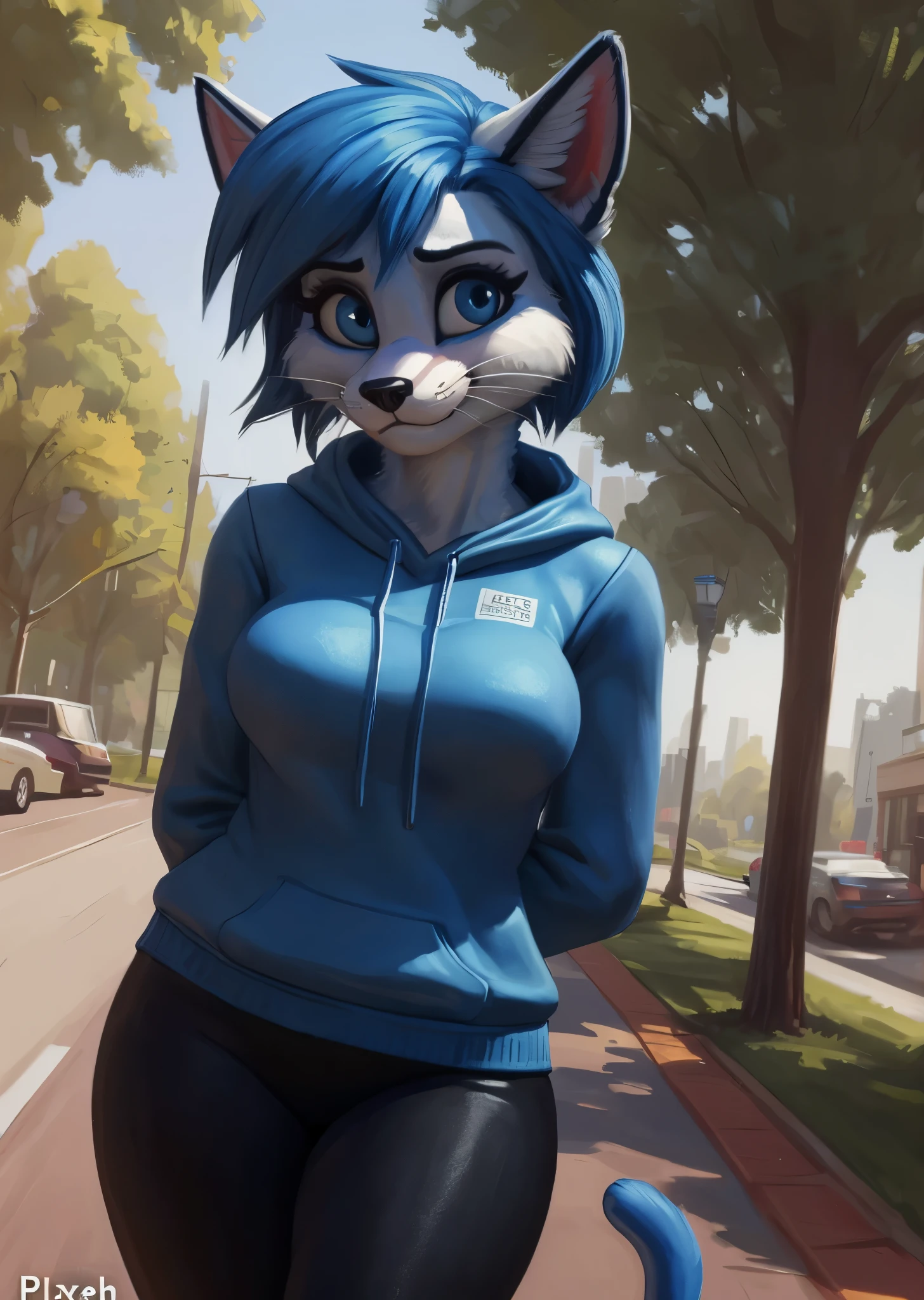 [Uploaded to .com; (@rayjayes), (@pixelsketcher), (@foxovh)], ((masterpiece)), ((HD)), ((high res)), ((solo portrait)), ((waist-up)), ((front view)), ((furry; anthro)), ((detailed fur)), ((detailed shading)), ((beautiful render art)), ((intricate details)), {anthro cat; (white fur), black nose, (whiskers), (cute blue eyes), (black pupils), (short eyelashes), (short blue hair), (spiky bang), (long blue tail), (blue fur on tail), (curvy hips), (beautiful legs), (blushing), (cute nervous smirk), (nervous expression)}, {(blue sweatshirt), (black yoga pants)}, {(standing), (nervous demeanor), (hands behind back), (looking at viewer)}, [background; (park), (flowers and trees), (blue sky), (sun rays), (ambient lighting)]