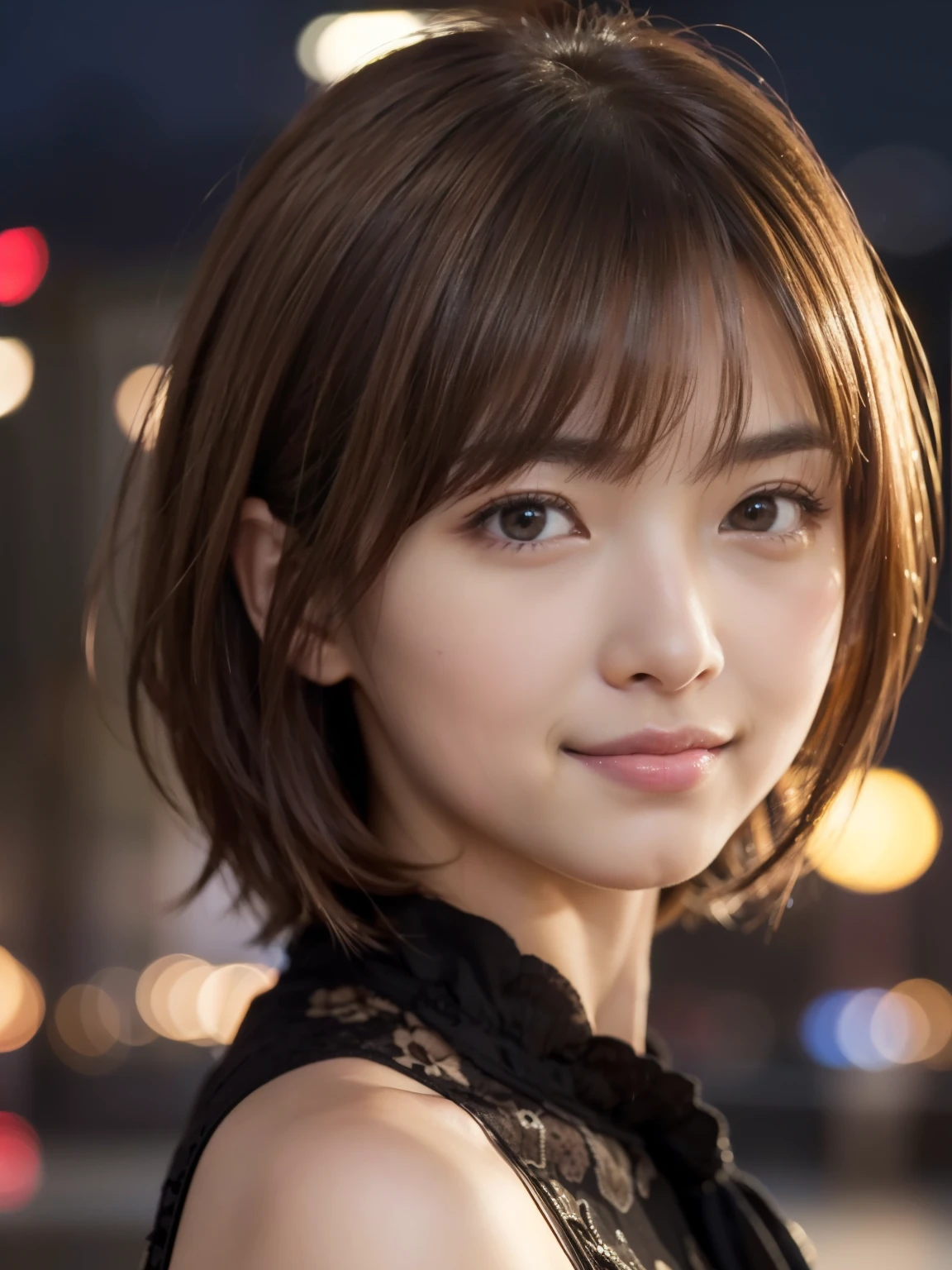 1 Japanese idol, (Raw photo, Best Quality), (Realistic, Photorealsitic:1.4), masutepiece, extremely delicate and beautiful, Extremely detailed, 8k wallpaper, amazing, finely detail, extremely detailed CG Unity, hight resolution, Soft light, Beautiful detailed 2, extremely detailed eye and face, beautiful detailed nose, Beautiful detailed eyes,Cinematic lighting,city light at night,Slender,Smiling, (medium hair, hair messy, asymmetrical bangs, light brown hair), higuchi_madoka