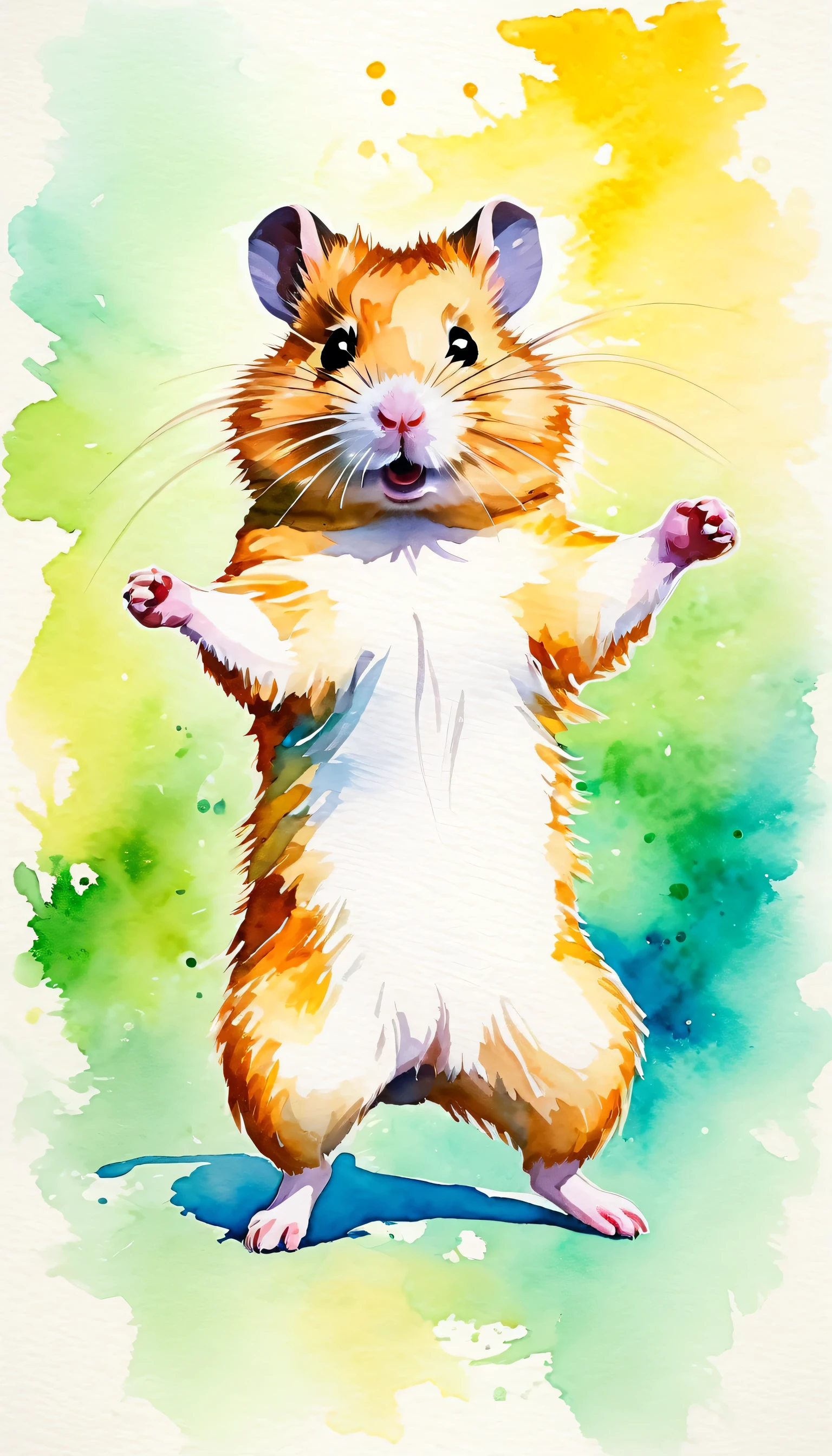 funny small hamster making karate move, indoors, no_humans, animal_focus, running, animal, modern art, painting, drawing, watercolor, psychedelic colors