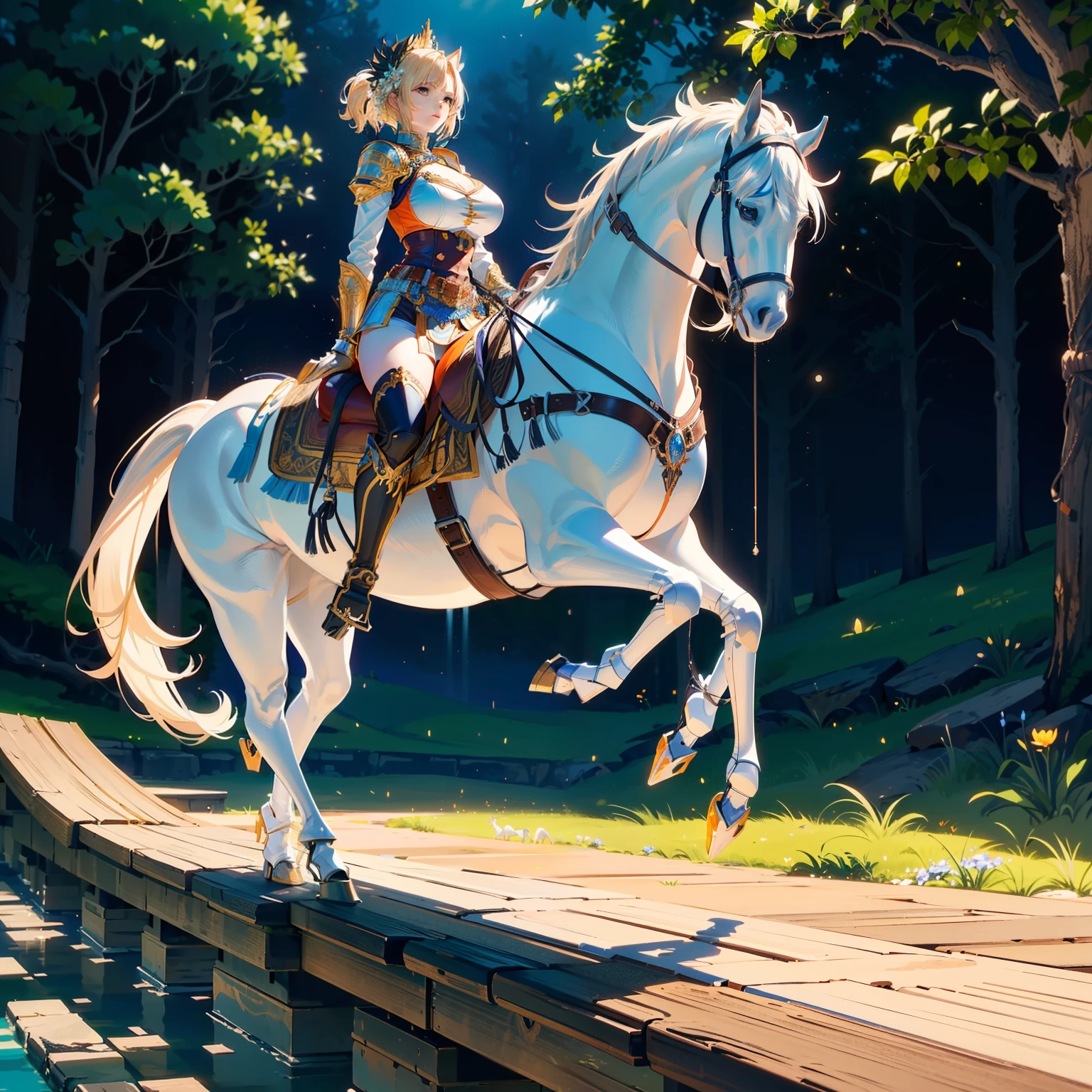 ((best quality)), ((anime masterpiece)), (detailed), cinematic lighting, vivid color, 8k, perfect face, large breast, a female knight riding a walking white horse in the woods+, (blue armor, orange shorts, leather boots), (white horse, saddle, stirups, reins: 1.5)++, forest, scenery, from side: 1.5, anatomically correct,