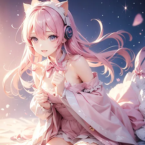 cat with pink ribbon、pink hair、pink eyes、pink clothes、gamer、headphone、sparkle effect