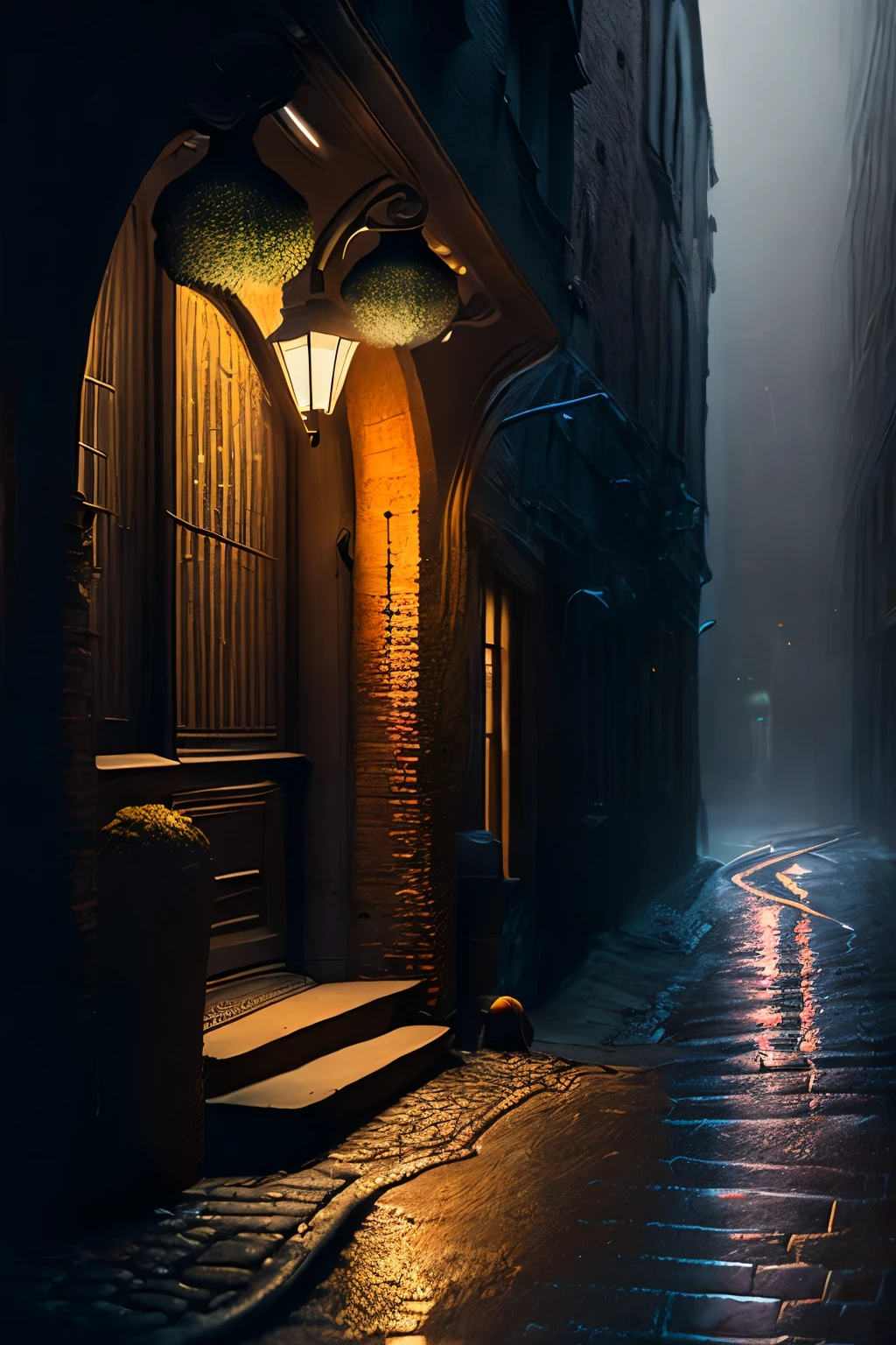 Dark alley on a gloomy, mystical,  and mysterious night, a floor made of wet cobblestones, with gutters running accumulated rainwater, a slightly torrential rain, a man with a hooded case distancing himself in steps of escape from something that pursues him lurking, intricate, realism, half-blurred image of escape movements, hazy and mucus tentacles subtly emerging in the corners of the mysterious street.