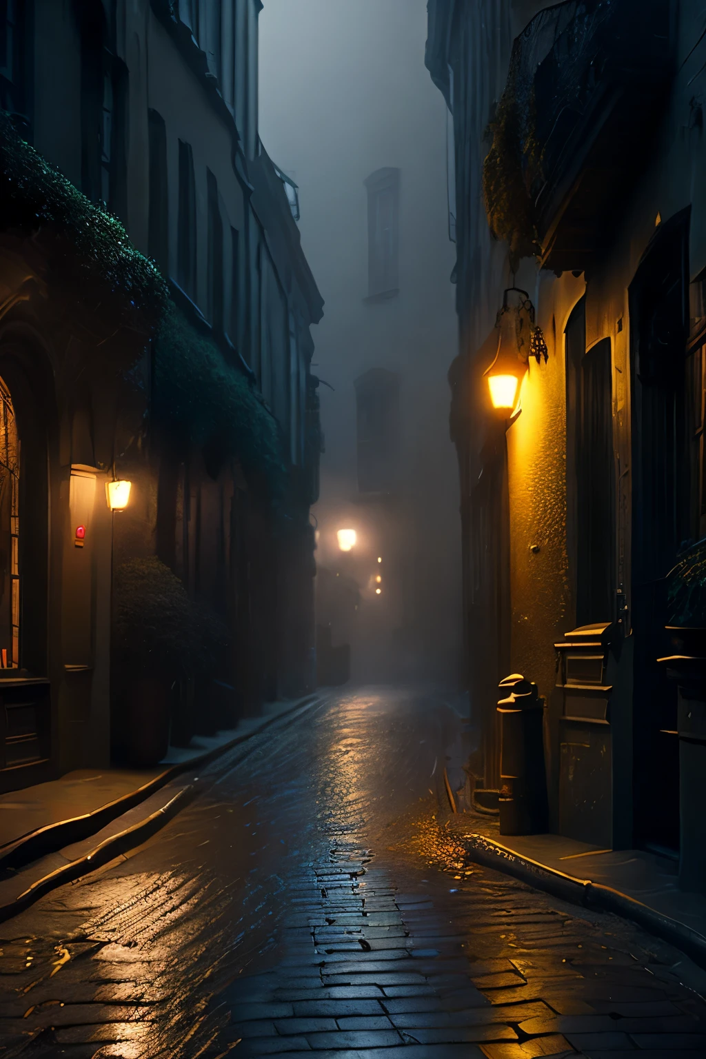 Dark alley on a gloomy, mystical, lonely and mysterious night, a floor made of wet cobblestones, with gutters running accumulated rainwater, a slightly torrential rain, a man with a hooded case distancing himself in steps of escape from something that pursues him lurking, intricate, realism, half-blurred image of escape movements, hazy and mucus tentacles subtly emerging in the corners of the mysterious street.