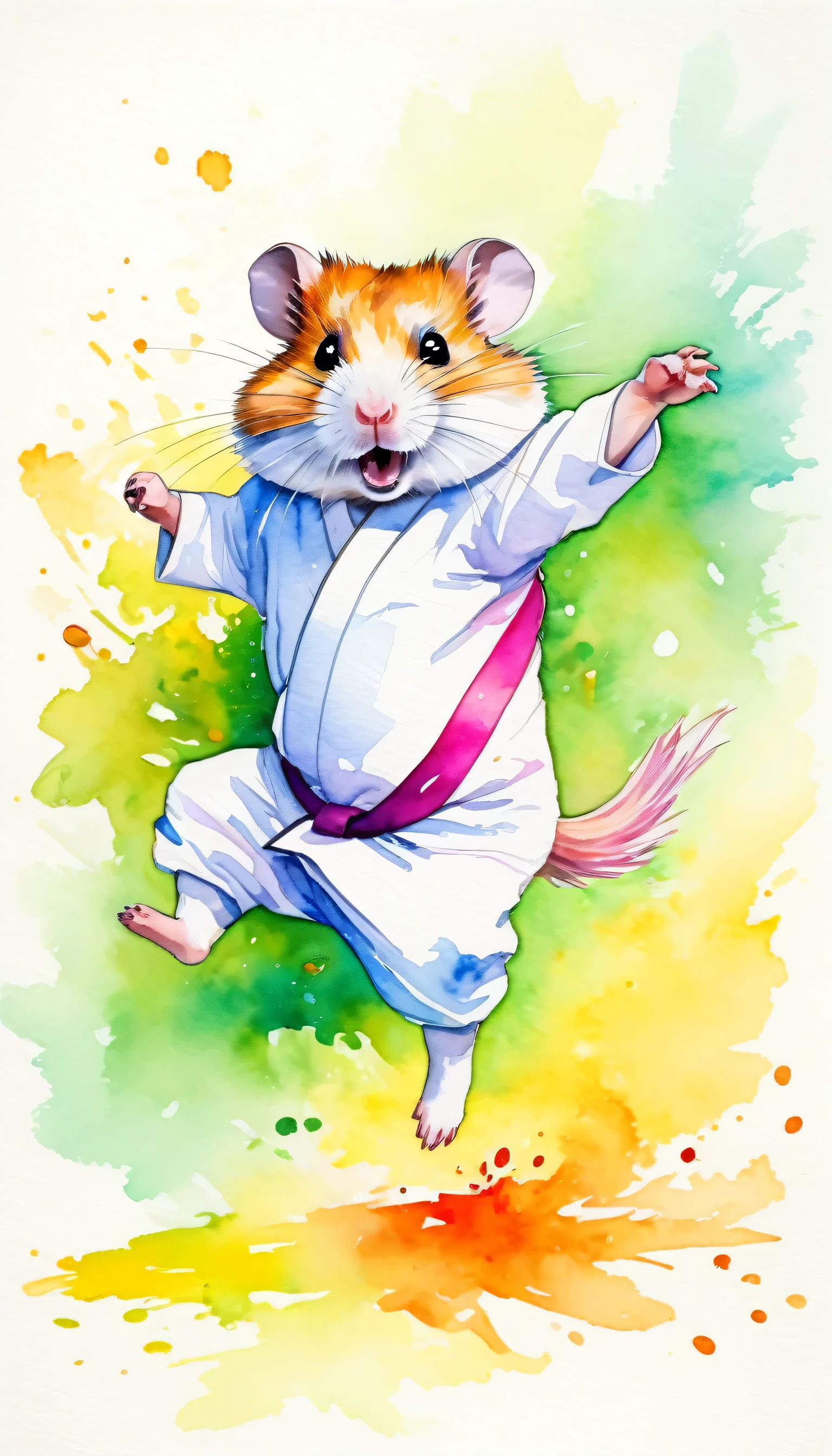 funny small hamster making karate move, ninja style, indoors, no_humans, animal_focus, running, animal, modern art, painting, drawing, watercolor, psychedelic colors