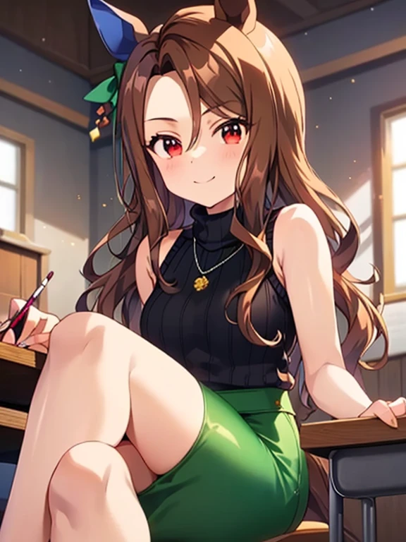 King Halo\(umamusume\), highest quality、masterpiece、Ultra-high resolution、、Anime 2D Rendering, Realistic young anime woman,  Beautiful body, Beautiful thighs, Beautiful feet, White beautiful skin、 ((Green sleeveless V-neck sweater:1.4)、(black mini pencil skirt:1.4)、Black Pantyhose、(Black High Heels))、 smile、Face towards the viewer、(whole body、Sit at a desk、Crossing your legs)