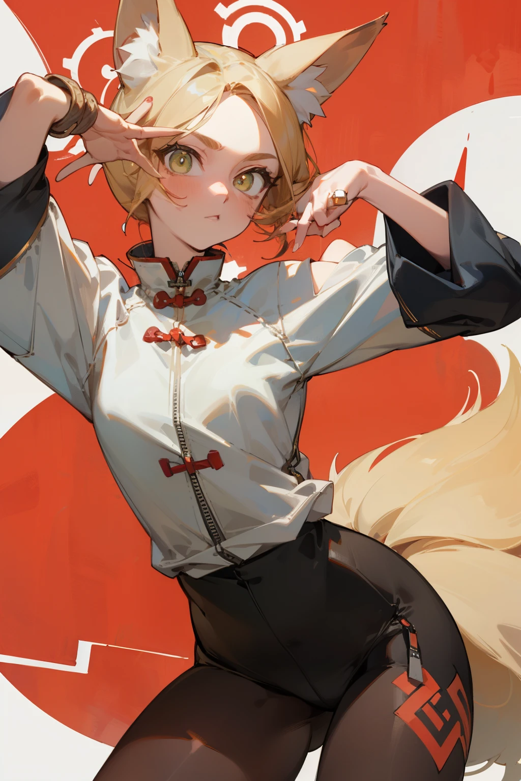 (masterpiece, best quality) detailed, Wearing black tights, silver accessories , The zipper is not closed , bionde ,elegant, (Fox ears)，Red Eyeshadow, ，Chinese element pattern，thigh，Leaking thigh，White shirt