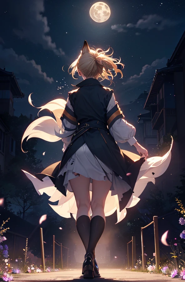 １people々々々々々々々々々々々,Woman with medium length blonde hair，Fox Ears，Long coat，Takageta， Dress Silhouette， Rear View，Space Sky, Flower Field，Colorful flowers，Dancing Petals，full moon，