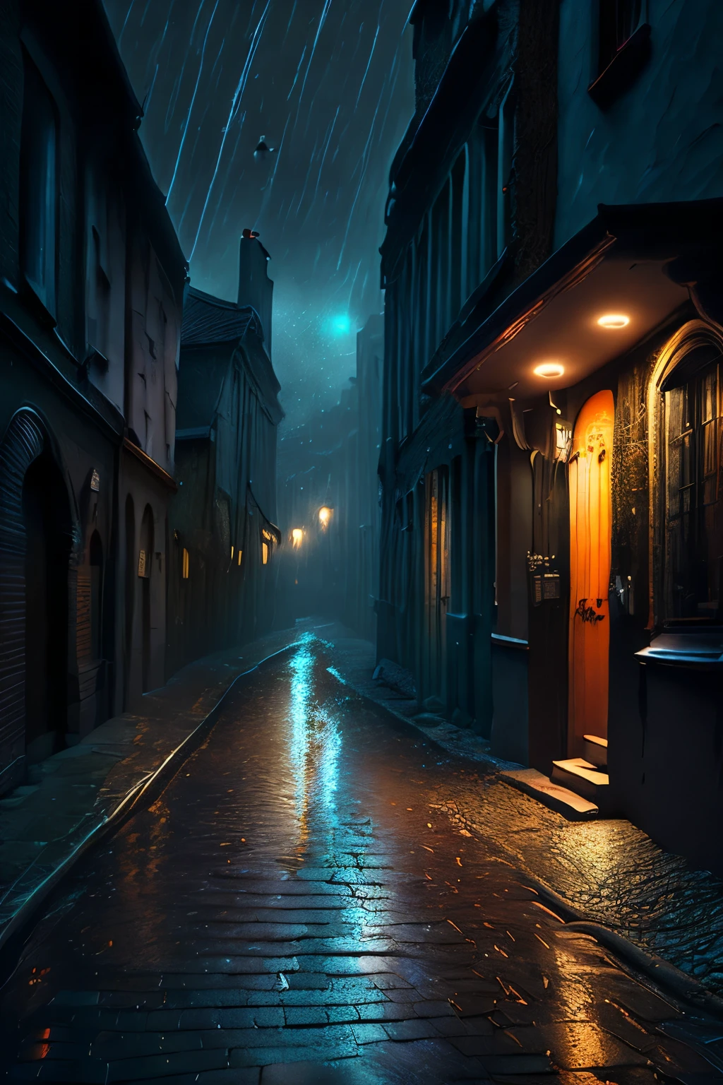 A dark alley on a gloomy,  and mysterious night, a floor made of wet cobblestones, with gutters running accumulated rainwater, a slightly torrential rain, someone with a hooded case distancing himself with steps of escape from something that is lurking around him, intricate, realistic, a blurred image of escape movements, nebulous and mucusy and twisted tentacles appearing in the corners of the mysterious street.