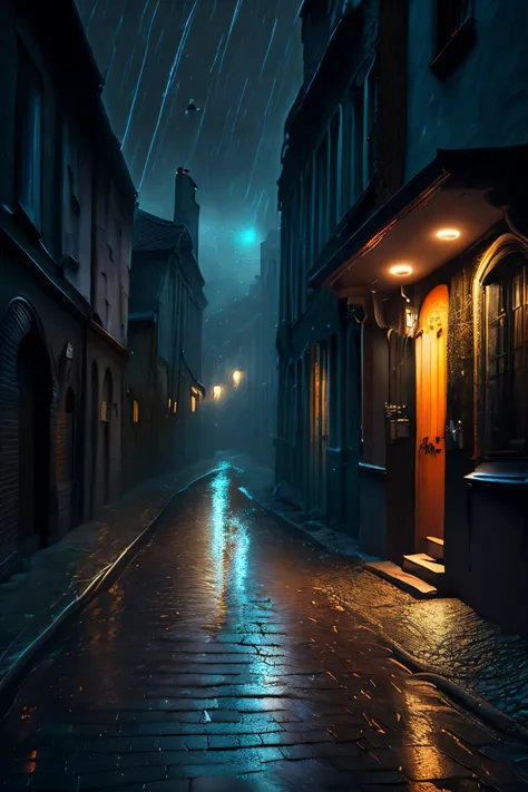 A dark alley on a gloomy, lonely and mysterious night, a floor made of wet cobblestones, with gutters running accumulated rainwa...
