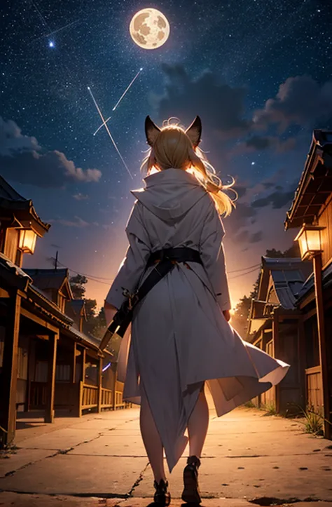 １people,Woman with medium length blonde hair，Fox Ears，Long coat，Takageta， Dress Silhouette， Rear View，Space Sky, shrine，Countles...