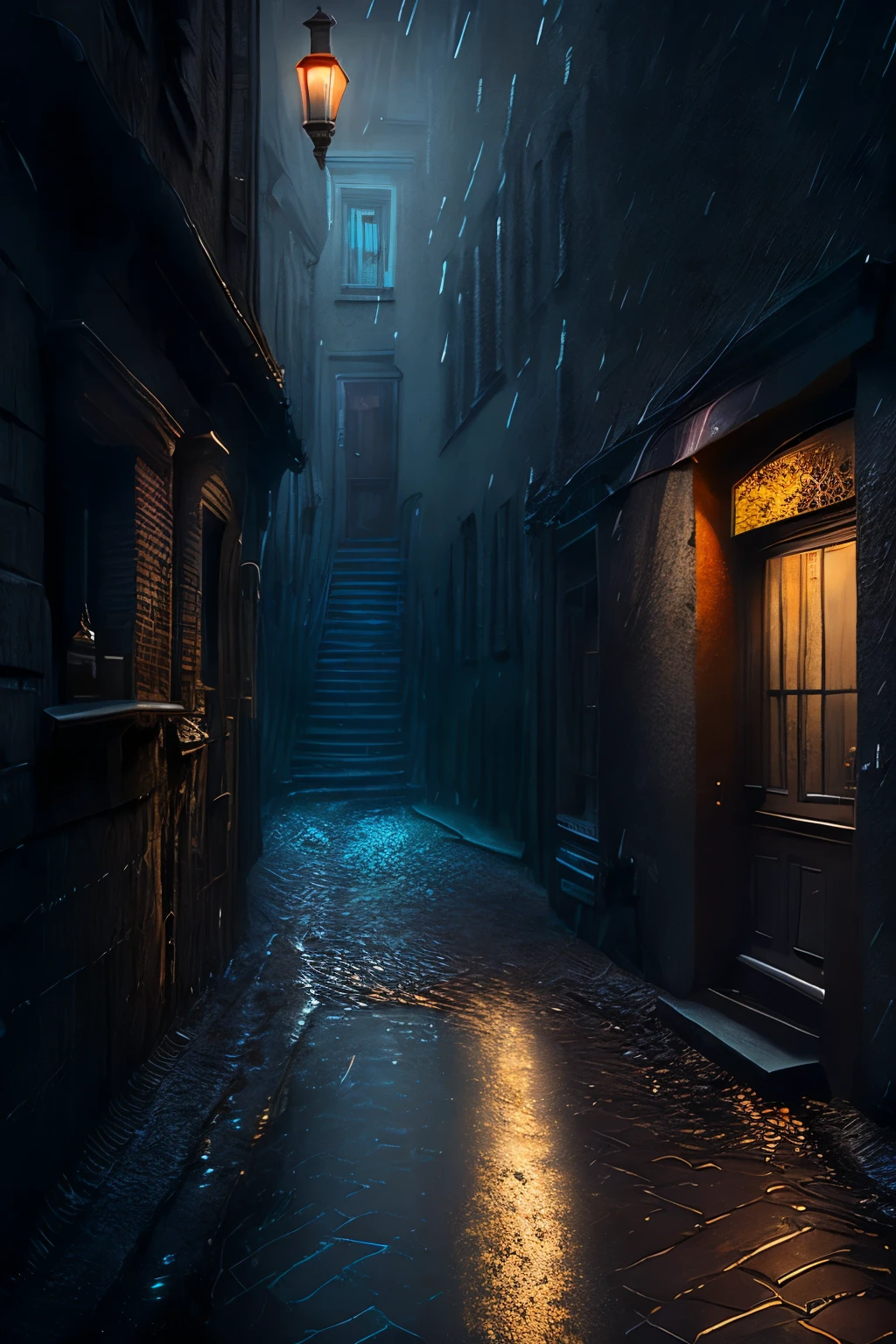 A dark alley on a gloomy, lonely and mysterious night, a floor made of wet cobblestones, with gutters running accumulated rainwater, a slightly torrential rain, someone with a hooded case distancing himself with steps of escape from something that is lurking around him, intricate, realistic, a blurred image of escape movements, nebulous and mucusy and twisted tentacles appearing in the corners of the mysterious street.