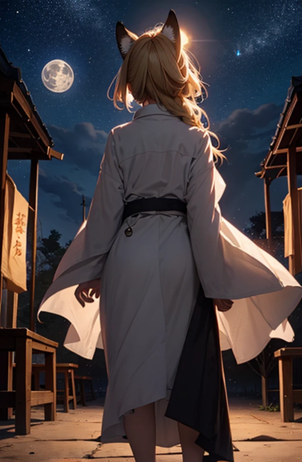 １people々,Woman with medium length blonde hair，Fox Ears，Long coat，Takageta， Dress Silhouette， Rear View，Space Sky, shrine，Countless lanterns，full moon，