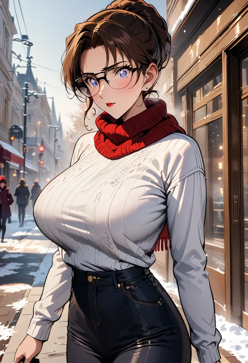 （best quality，4K，8K，high resolution，masterpiece：1.4），Ultra Detail，Detail face：1.3，White sweater，Red scarf，wearing glasses，Perfect body，Big Breasts，Fashion，winter，Snowflakes falling，Anime style