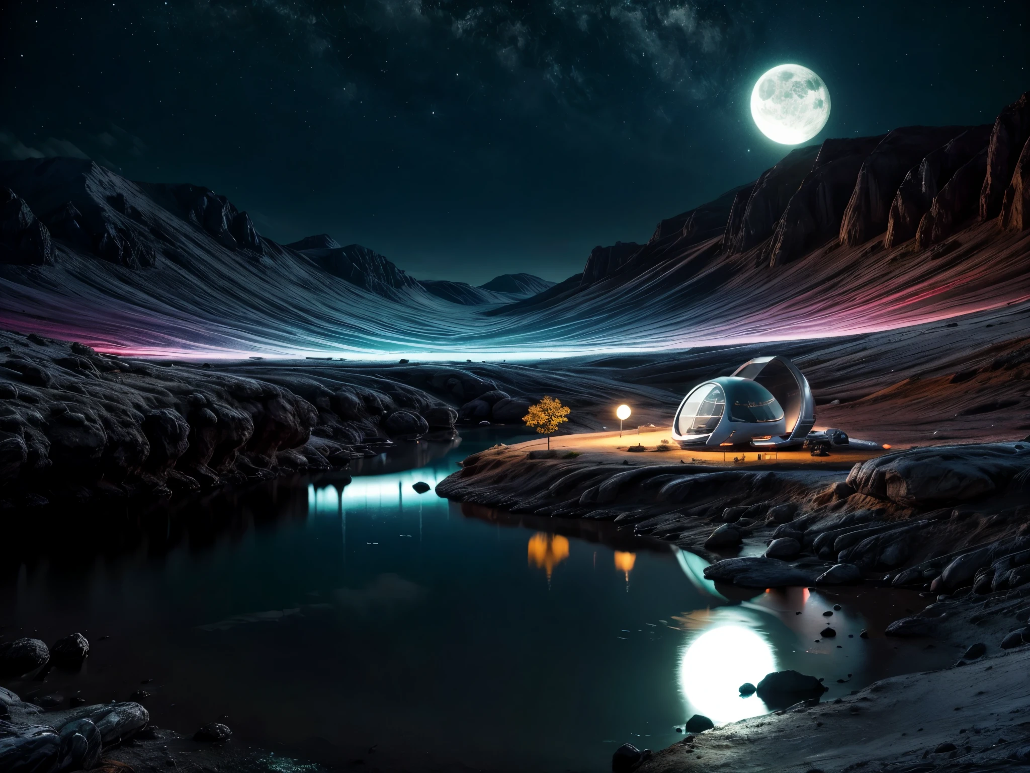 Konzeptkunst, Bessere Qualität，erstes Werk，ultrahohe Auflösung，realistische Fotografie：1.4， ultradetailliert，[Ein Futurist(LunarPunkAI:Wohnmobil),Bunte LED-Leuchten,Glatte Kurven,(vereinfachtes Liniendesign)]。gemütlich, Camping, grelle Farbe, Betrachtung,umgeben von Natur,üppige Landschaft。