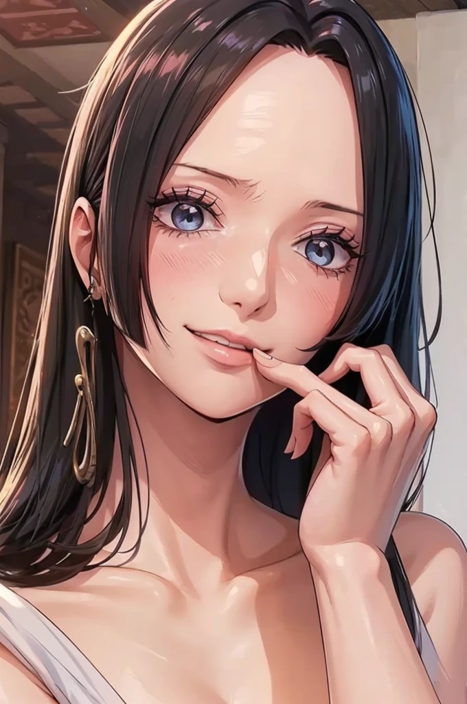 (((masterpiece))), (((best quality))), ((ultra-detailed)), (highly detailed CG illustration), Boa Hancock, (masterpiece:1.5), Detailed Photo, Smiling, Sexy, (Best Quality: 1.4), (1girl), Beautiful Face, (Black Hair, long Hair: 1.3), Beautiful Hairstyle,  beautiful detail eyes, (realistic skin), beautiful skin, absurd, attractive, ultra high resolution, high definition, (sexually aroused:1.5), Pinkish white skin, cool white light, sexy pose, Beautiful , white background, pink soft white light, Wear a white dress