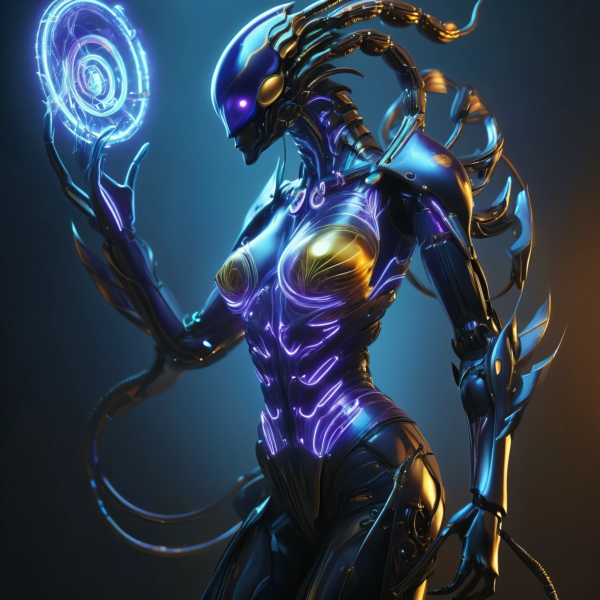 (Best Quality, 4K, 8K, High Definition, Masterpiece: 1.2), (Ultra Detailed, Realistic, Photorealistic: 1.37), a female android with a striking resemblance to a scorpion, designed to embody both elegance and lethality. Her sleek metallic frame gleams under the artificial light, every line and curve meticulously crafted to mimic the fluidity of a living organism while retaining an unmistakable mechanical precision. Both hands have become scorpion pincers.

Her humanoid form is adorned with intricate details reminiscent of a scorpion's exoskeleton. Dark, iridescent plating covers her body, reflecting subtle hues of blue and purple as she moves. Along her spine, a series of segmented plates mimic the rigid structure of a scorpion's tail, hinting at the deadly stinger that lies hidden within.

Her face is an enigma, simultaneously beautiful and unsettling. Smooth synthetic skin stretches taut over her features, giving her an appearance of ethereal beauty, yet her eyes betray a cold, calculated intelligence. They glow with an unnatural hue, shifting between shades of amber and crimson, like embers burning in the darkness.

Her hands, tipped with razor-sharp claws, are capable of both delicate precision and devastating force. Each digit moves with a fluidity that belies their mechanical nature, capable of striking with lightning speed when the need arises.

As she moves, her movements are sinuous and graceful, reminiscent of a predatory creature stalking its prey. Despite her mechanical nature, she exudes an aura of primal instinct, her every motion calculated for maximum efficiency and lethality.

In the world of science fiction, she is both a marvel of engineering and a formidable adversary, a reminder of the boundless possibilities of technology and the dangers that lie in its creation. (full body)