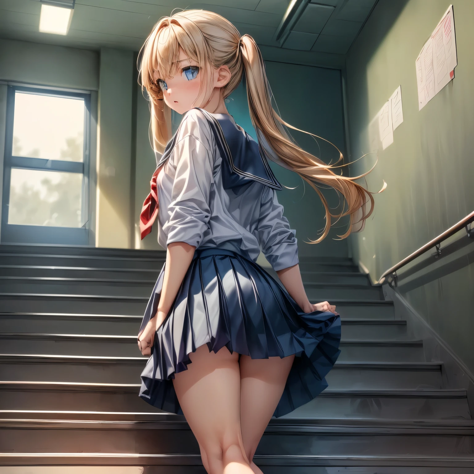 ((A woman in a sailor suit is walking down the school stairs:1.4), (One adult woman:1.3), ((highest quality)), (Super detailed), (Very detailed CG synthesis 8k wallpaper), Very detailed, High resolution raw color photos, Professional photography, Brown Hair, Long twin tails, Great face and eyes, Slender body, (Stunningly beautiful woman), (Beautifully detailed eyes:1.3), (Detailed face:1.2),(School stairs:1.3), Exact number of arms, Exact number of legs, Perfect Anatomy, (Embarrassed expression, Surprised expression), Angle from below, Looking Back, NSFW