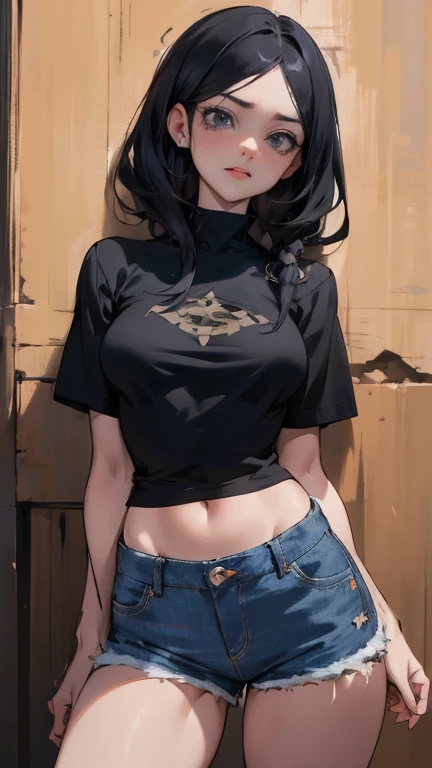 1 girl,short black hair,blue colored eyes, wearing plain white shirt,shorts jeans,citys,
absurderes,high resolution,ultra-sharp,8K,work of art,gazing at viewer.