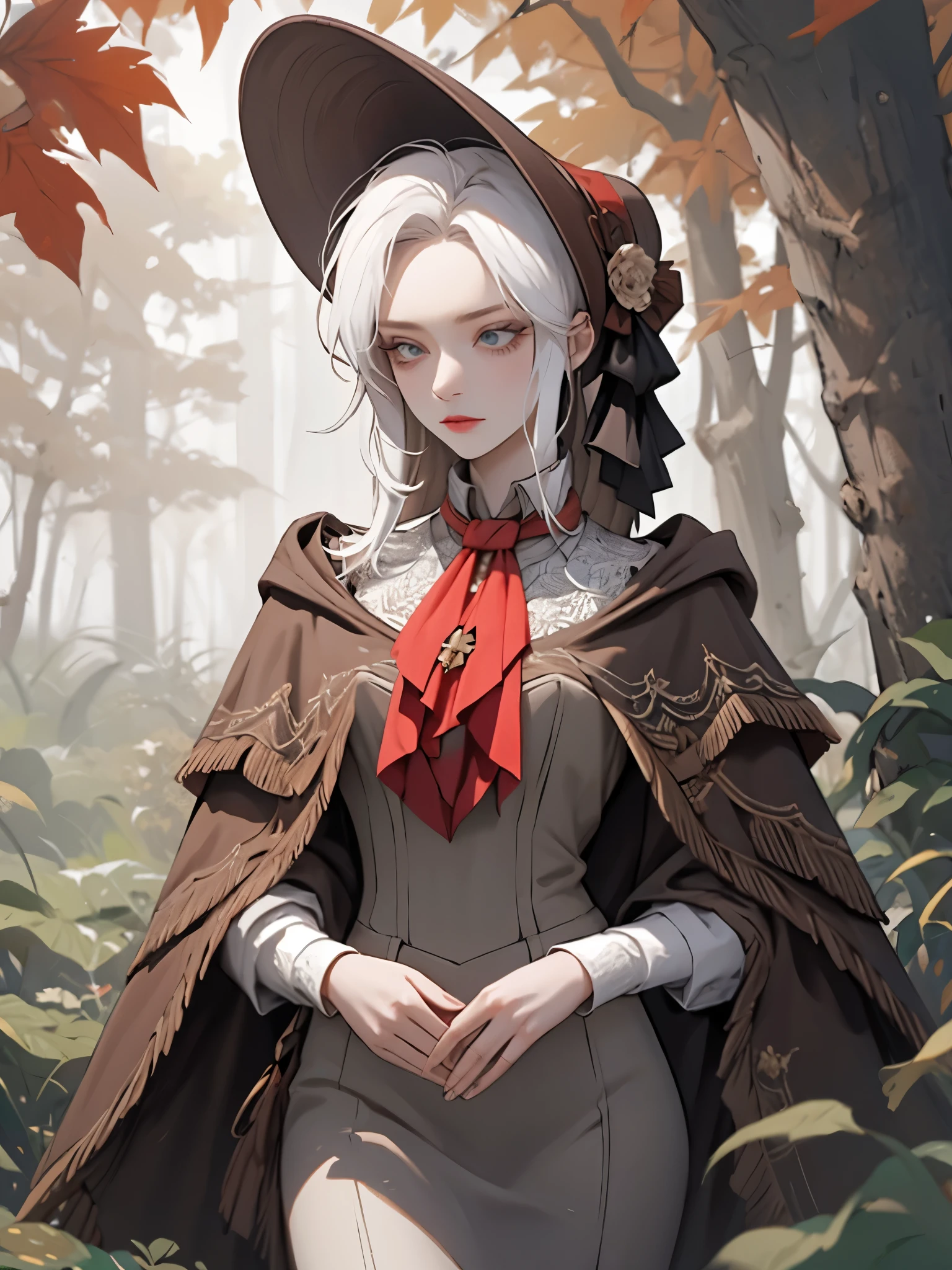 perfect eyes:1.2, detailed eyes:1.4, plaindoll, white hair, pale skin, bags under eyes, (colored eyelashes, white eyelashes:1.2), doll joints, bonnet, brown cloak, long dress, red ascot, emotionless, autumn, forest, fog, dead trees, muted color, thigh-level shot, medium full shot, medium breasts, 1girl, solo, (masterpiece:1.6, best quality),
