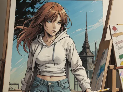 An anime comics woman head with colored hair, jeans, hoodie, art action, painting, in art studio