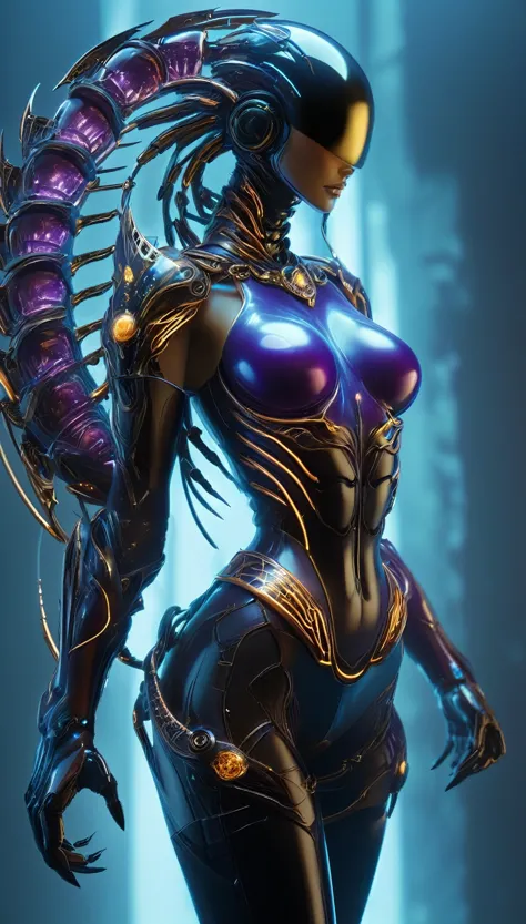 (Best Quality, 4K, 8K, High Definition, Masterpiece: 1.2), (Ultra Detailed, Realistic, Photorealistic: 1.37), a female android with a striking resemblance to a scorpion, designed to embody both elegance and lethality. Her sleek metallic frame gleams under ...