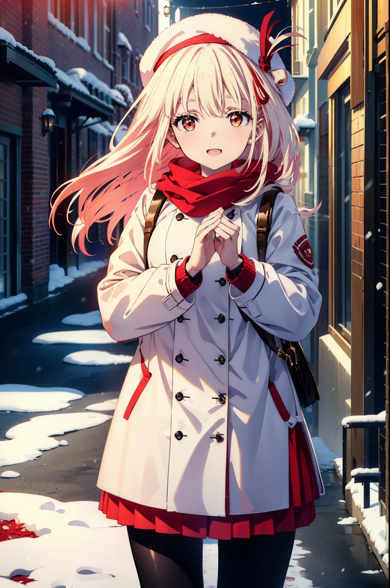 chisatonishikigi, nishikigi chisato,Long Hair , bangs, blonde, (Red eyes:1.5),happy smile, smile, Open your mouth,White knit hat,White Coat,Red Scarf,White Sweater,Hands in coat pockets,Long skirt,Black pantyhose,short boots,Shirogane World,Snow is piling up,that&#39;it&#39;s snowing,that&#39;it&#39;s snowing,winter,Cold Sky,moonlight,full moon,night,
break looking at viewer, whole body, Upper Body,(Cowboy Shot:1. 5)
break outdoors, cthaty,Building Street,
break (masterpiece:1.2), highest qualthaty, High resolution, unthaty 8k wallpaper, (shape:0.8), (Beautiful and beautiful eyes:1.6), Highly detailed face, Perfect lighting, Extremely detailed CG, (Perfect hands, Perfect Anatomy),