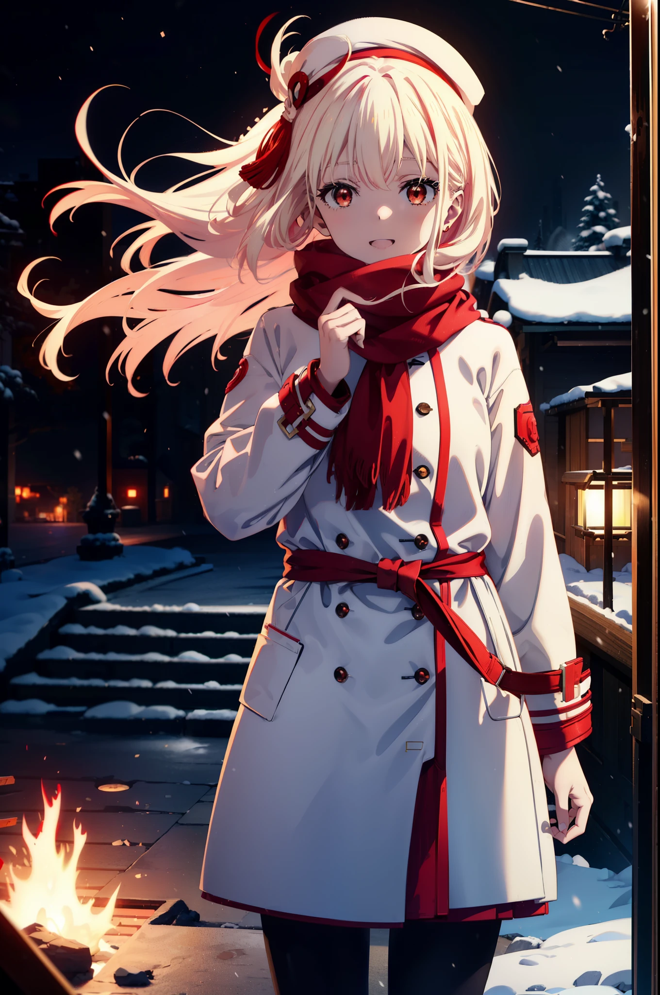 chisatonishikigi, nishikigi chisato,Long Hair , bangs, blonde, (Red eyes:1.5),happy smile, smile, Open your mouth,White knit hat,White Coat,Red Scarf,White Sweater,Hands in coat pockets,Long skirt,Black pantyhose,short boots,Shirogane World,Snow is piling up,that&#39;it&#39;s snowing,that&#39;it&#39;s snowing,winter,Cold Sky,moonlight,full moon,night,
break looking at viewer, whole body, Upper Body,(Cowboy Shot:1. 5)
break outdoors, cthaty,Building Street,
break (masterpiece:1.2), highest qualthaty, High resolution, unthaty 8k wallpaper, (shape:0.8), (Beautiful and beautiful eyes:1.6), Highly detailed face, Perfect lighting, Extremely detailed CG, (Perfect hands, Perfect Anatomy),