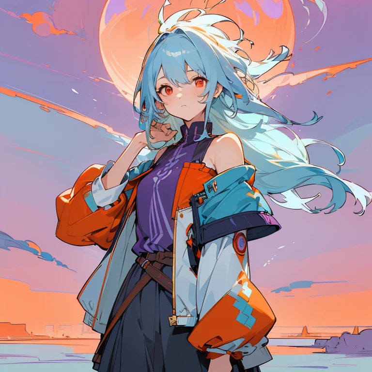 ( Absurdly , High quality , ultra detailed ) ,( hand detailed ) , 1girl, solo, mature, Solo, sfw, ((shorter shoulder length light blue hair that is straighter)), (messy hair) ((straight hair)) (light blue hair) (((red-orange eyes))), shorter stature, (adventure, fantasy type clothing) (open jacket (cool purple)) ((sky blue undershirt)) (detailed eyes)