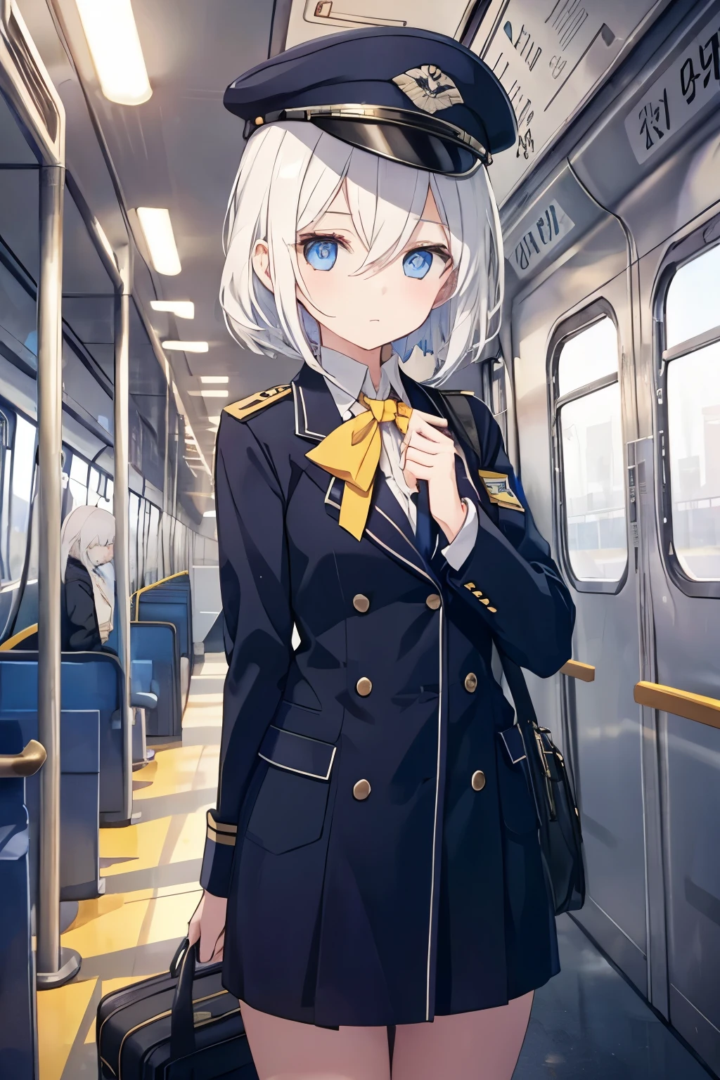 White hair，Blue Eyes，16-year-old girl，Dark train，Flight attendants，Yellow Springs Train，Outside the station，Old，calm，hat