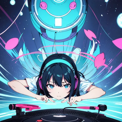 two anime girls in headphones are playing music on a turntable, anime vibes, anime style 4 k, ig studios anime style, nightcore,...