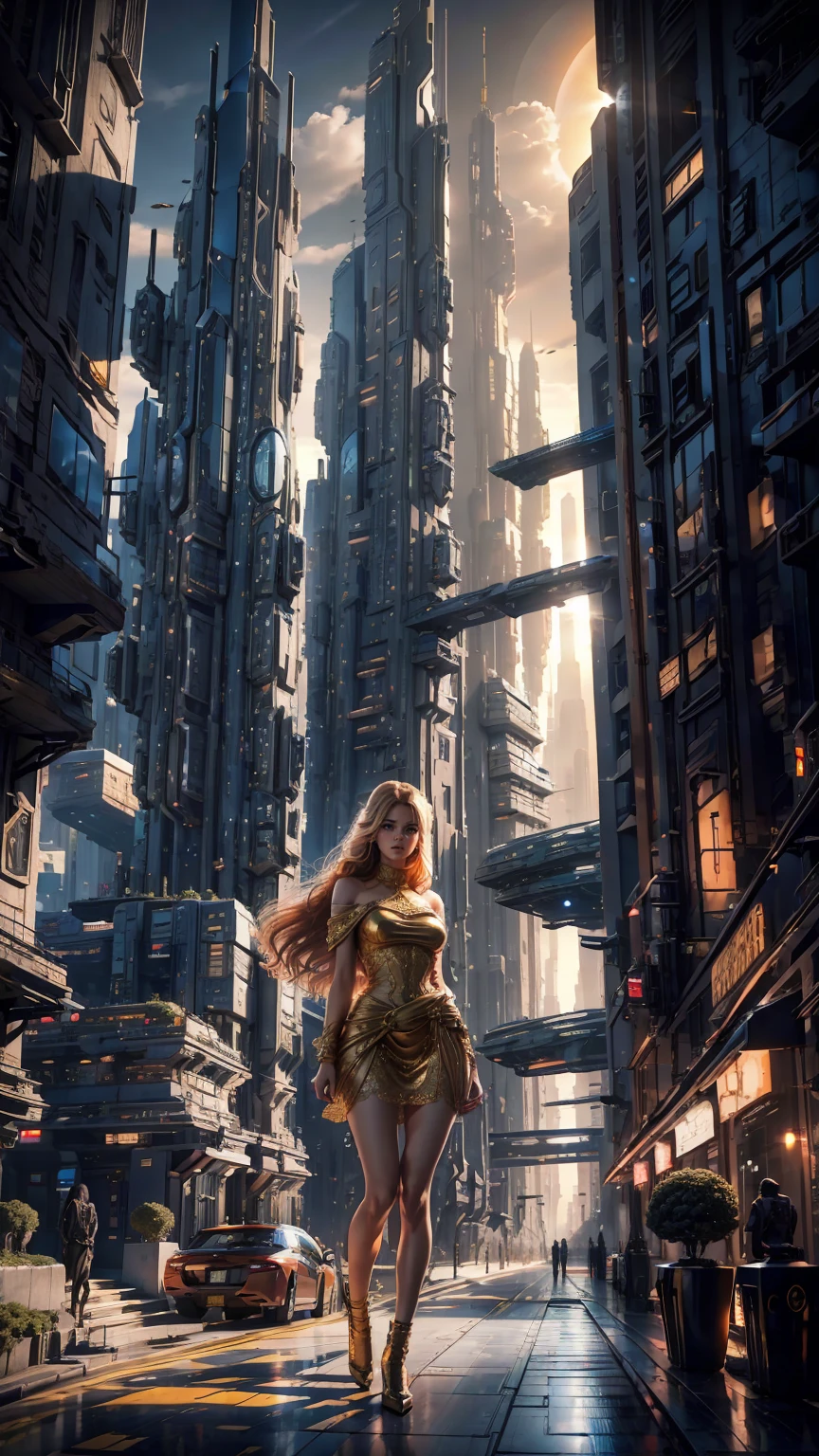 cidade do futuro, vista do chão:1.5,dia ensolarado brilhante,porta,Nave espacial voadora,arranha-céu,obra de arte,qualidade máxima,resolução ultra-alta,(super detalhado:1.2),8K,fotorrealista,melhor estética,lindo,cena de cidade de ficção científica,Planet CORUSANT, capital imperial de uma civilização estelar, muita vegetação, gilding on arranha-céus, planeta vermelho no céu, linda garota 2 posando contra o fundo desta cidade, rosto de Claudia Schiffer, menina close-up até a cintura, portaрет, Garota nua, sem roupa, oferecer, Vestido de renda transparente