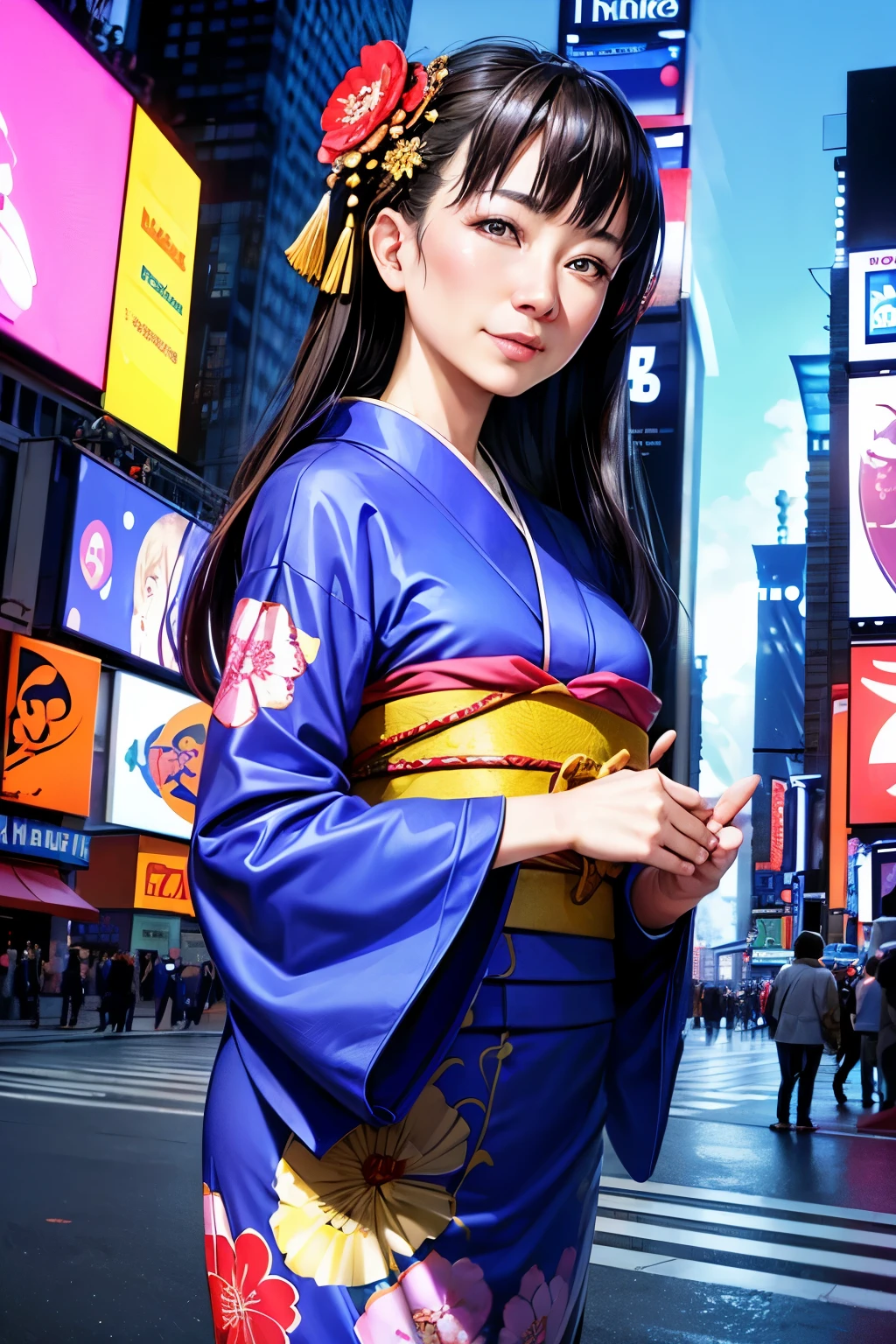 ((highest quality))、(masterpiece)、(detailed)、Perfect Face、'((A woman wearing a kimono))、Age 35、Inspired by that?、((new yorkの街角))、(((new york、Times square、blue sky)))