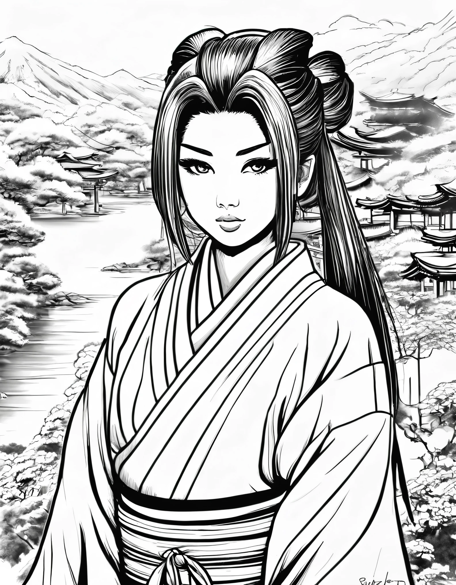 Pau preto e branco, japanese casal, sua arte em tinta fina, comic style, portrait of japan, Glamour de kyoto, bela arte de linha, black and white comic style, manga style, manga art style, pencil and ink caricature drawing, black and white coloring, cabelo branco, other positions, cabelo branco, cabelo branco, preto e branco, sem tons de cinza, corpo inteiro. Japan Background, gueixa e samurai