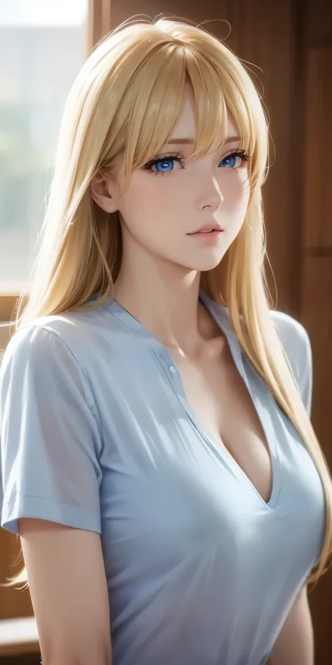 upper body, elegant, adult woman, long neck, long blonde hair, bangs, casual shirt, cleavage, blue eyes, soft light, high qualit...