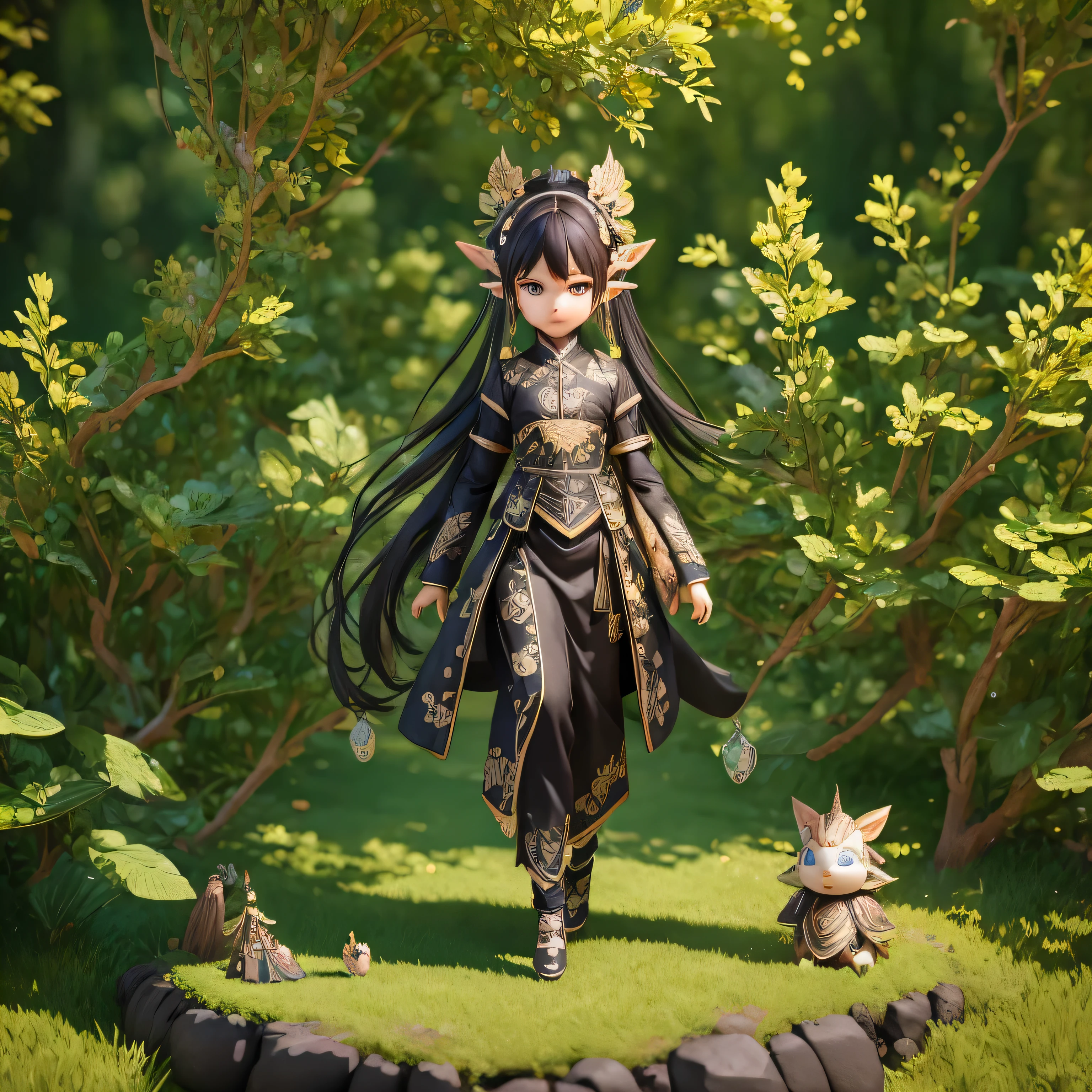 Cute boy  in black long suit hybrida armor with ((batik pattern))，using dual black bow, Step on the green lawn beneath your feet, mountain，Like a fairy，Extremely cute，with elf ears, full bodyesbian：2.1，Detailed rendering with 3D rendering techniques，Stylized representation of digital art。Render a cute 3D anime boy，Stylized presentation，A cute ceramic doll and a super detailed fantasy character appear at the same time，are rendered in stylized 3D renderings。Cute images of forest creatures and digital art will also appear，The background depicts the atmosphere of April