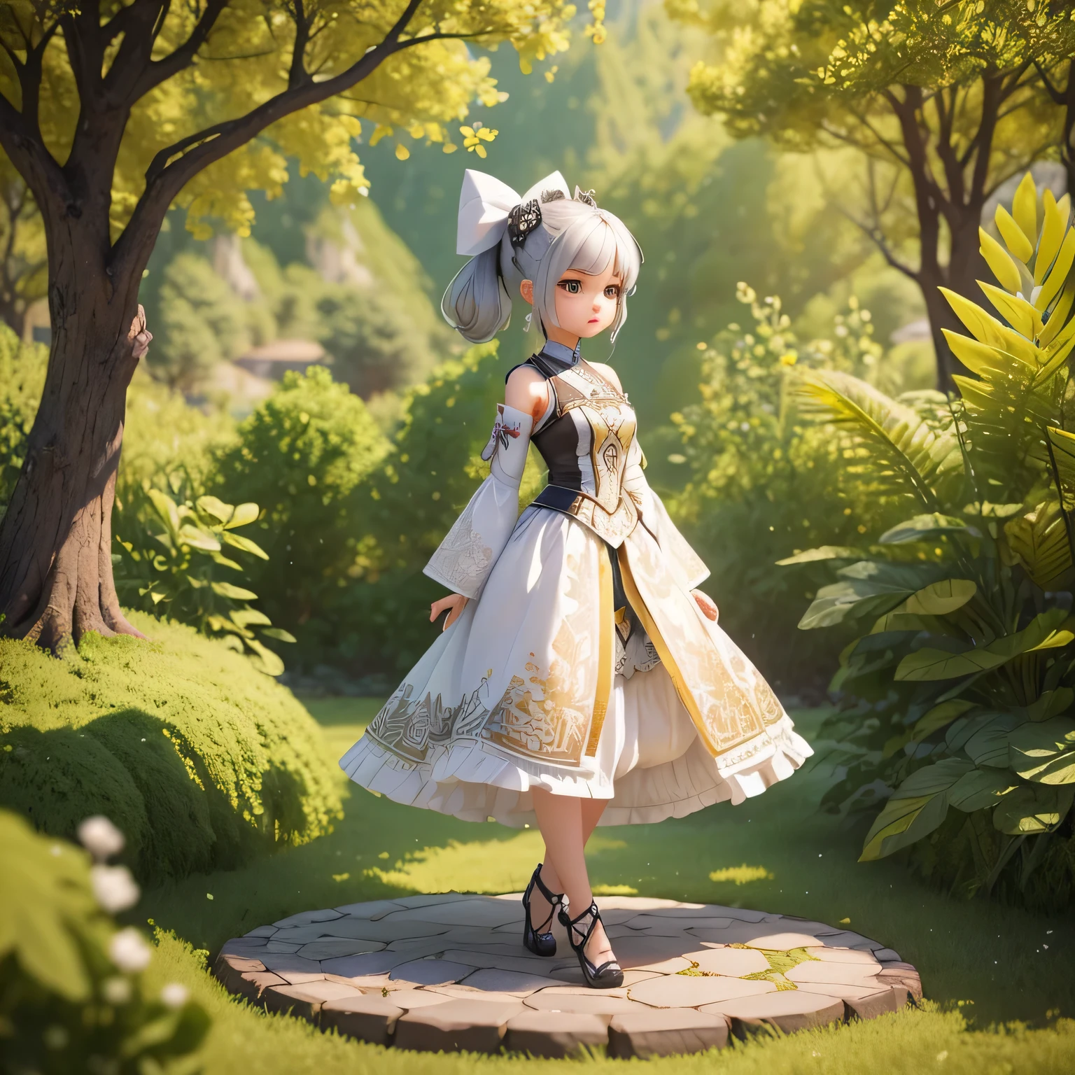 Cute girl  in white long suit hybrida armor with ((batik pattern))，using black bow, Step on the green lawn beneath your feet, mountain，Like a fairy，Extremely cute，((black ponytail hair)), full bodyesbian：2.1，Detailed rendering with 3D rendering techniques，Stylized representation of digital art。Render a cute 3D anime boy，Stylized presentation，A cute ceramic doll and a super detailed fantasy character appear at the same time，are rendered in stylized 3D renderings。Cute images of forest creatures and digital art will also appear，The background depicts the atmosphere of April