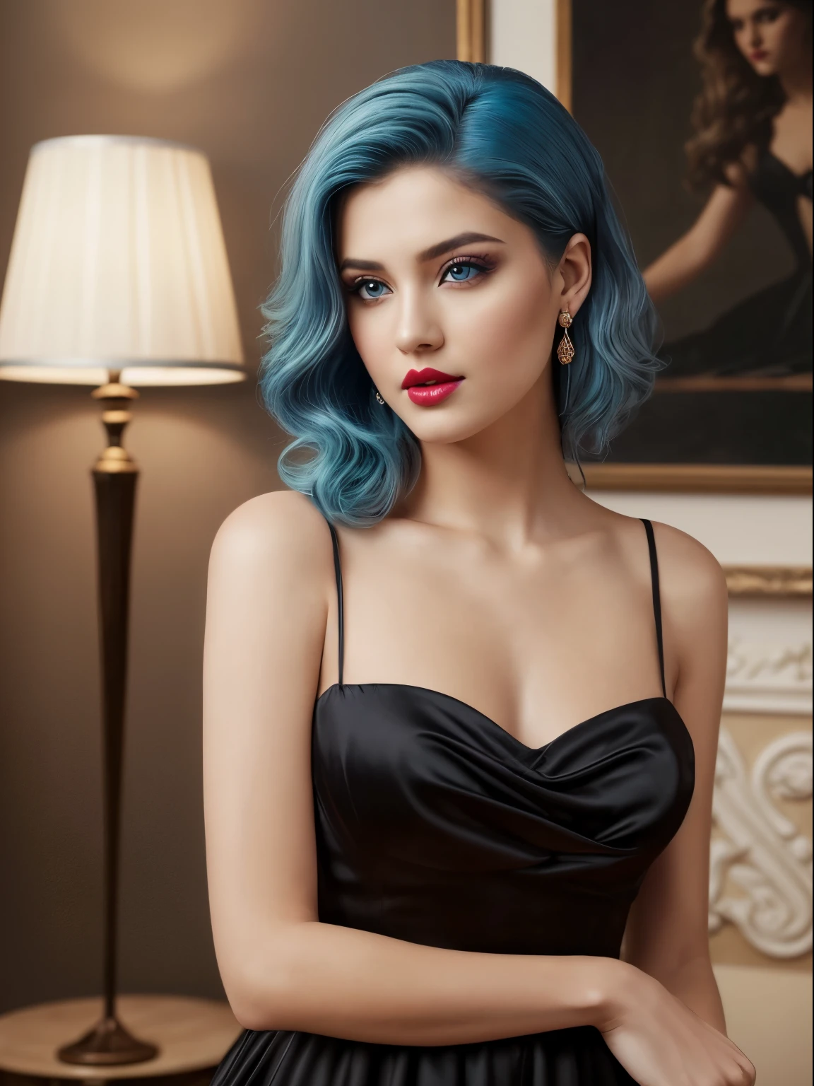 (Best quality,8K,A high resolution,Masterpiece:1.2, DSLR, 16k ),Ultra-detailed,(Realistic,Photorealistic,photo-realistic:1.37),Portrait, Creative style artwork, Historical, classical, Sophisticated, plethora of colors ,Highly detailed, Soft lighting, luxurious environment , black dress, there is young woman , girl wearing a red classy royal dress, performing a music video, slim fit (oval perfect shape, asymmetrical face structure, perfect proportion, almond eye type, hazal eye color, detailed eyes, blue hair color, 32 inch breasts, hourglass figure, slim body, pale white skin tone ,sexy girl, 2, soft wavy hair, looking away, attitude expression, professional makeup, pink lips)