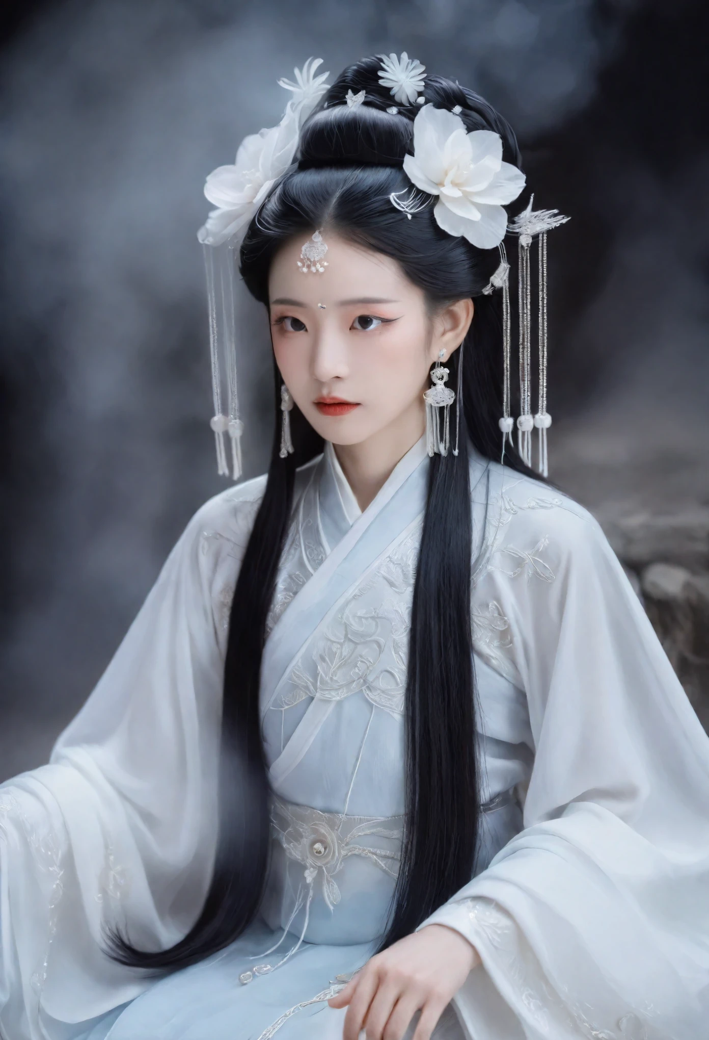 Visualize a ghost flower-inspired dress, embodying the essence of Huashen, on a solo girl with black hair and elegant hair ornaments.
The girl is adorned in traditional Chinese attire, with intricate jewelry and earrings complementing her outfit.
Her expression is serene with a closed mouth, and her hair appears to float gently around her, adding to the ethereal ambiance.
The setting is reminiscent of a mystical hell, enhancing the otherworldly quality of her appearance.
The image should be realistic, capturing a full-body portrait of her sitting, with a focus on the detailed makeup that completes her ghostly floral theme.