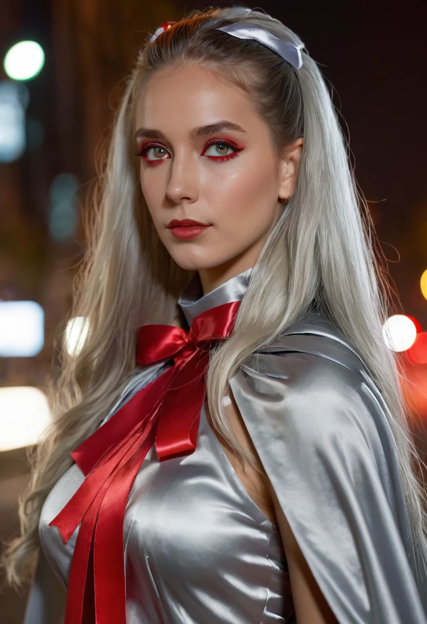 (RAW Photo) , (highly detailed:1.20) , ultra realistic :1.10) ,sexy girl in her 20s , (perfect face:1.20) , (detailed red eyes:1.20) , with long silver hair in ponytail , (((long silver satin cape tied at the neck with a ribbon :1.20))) , naked  , full body, walking down street at night , high-quality ultra realistic style, detailed eyes, professional, expressive , 8K , highly detailed , professional,