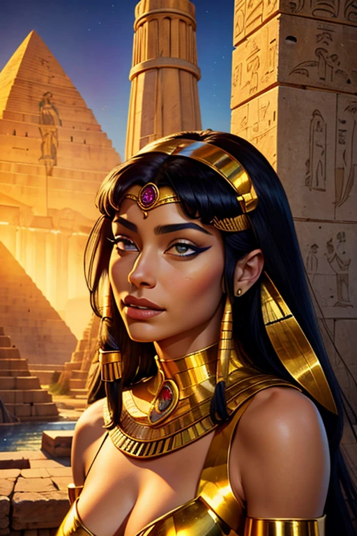 (mejor calidad,4k,8K,alta resolución,obra maestra:1.2), ultra detallado, (Realista,photoRealista,photo-Realista:1.37), diosa Isis y Nefertiti Egipto, caras detalladas, tocados y joyas intrincados, posturas majestuosas y regias, cultura y símbolos del antiguo Egipto, paleta de colores dorados, iluminación suave y etérea, Atmósfera misteriosa y mística., expresiones serenas y poderosas, arte de la civilización antigua, exactitud histórica y autenticidad, Pirámide al fondo, jeroglíficos y rollos de papiro, Finos detalles artísticos, Colores vibrantes, aura divina y de diosa