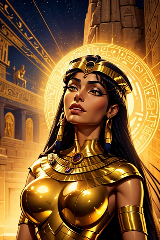 (best quality,4k,masterpiece:1.2),Nefertiti and Goddess Isis,beautifully depicted,exquisite portraits,highly detailed faces and features,vibrant colors,elegant and regal poses,graceful and flowing garments,ethereal and mystical atmosphere,Ancient Egyptian art style,golden hues and rich textures,sacred symbols and hieroglyphs,divine and serene expressions,soft and diffused lighting,transcendent and mythical ambiance,ancient wonders brought to life,mesmerizing and awe-inspiring scenery,immersive and captivating composition,divine connections and spiritual unity