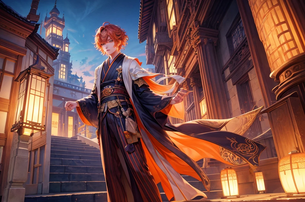 Young man, effeminate face, wizard, shapeshifter, short wavy orange hair, freckles, fluorescent violet eyes, Japanese , oriental, desert, marble castle, detailed face, detailed hair, full body, desert greenery, desert plant, wind, magic wand.