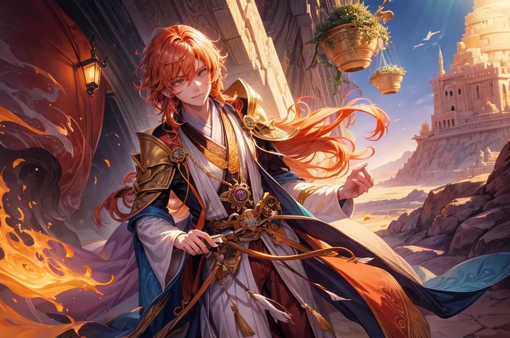 Young man, effeminate face, wizard, shapeshifter, short wavy orange hair, freckles, fluorescent violet eyes, Japanese , oriental, desert, marble castle, detailed face, detailed hair, full body, desert greenery, desert plant, wind, magic wand.