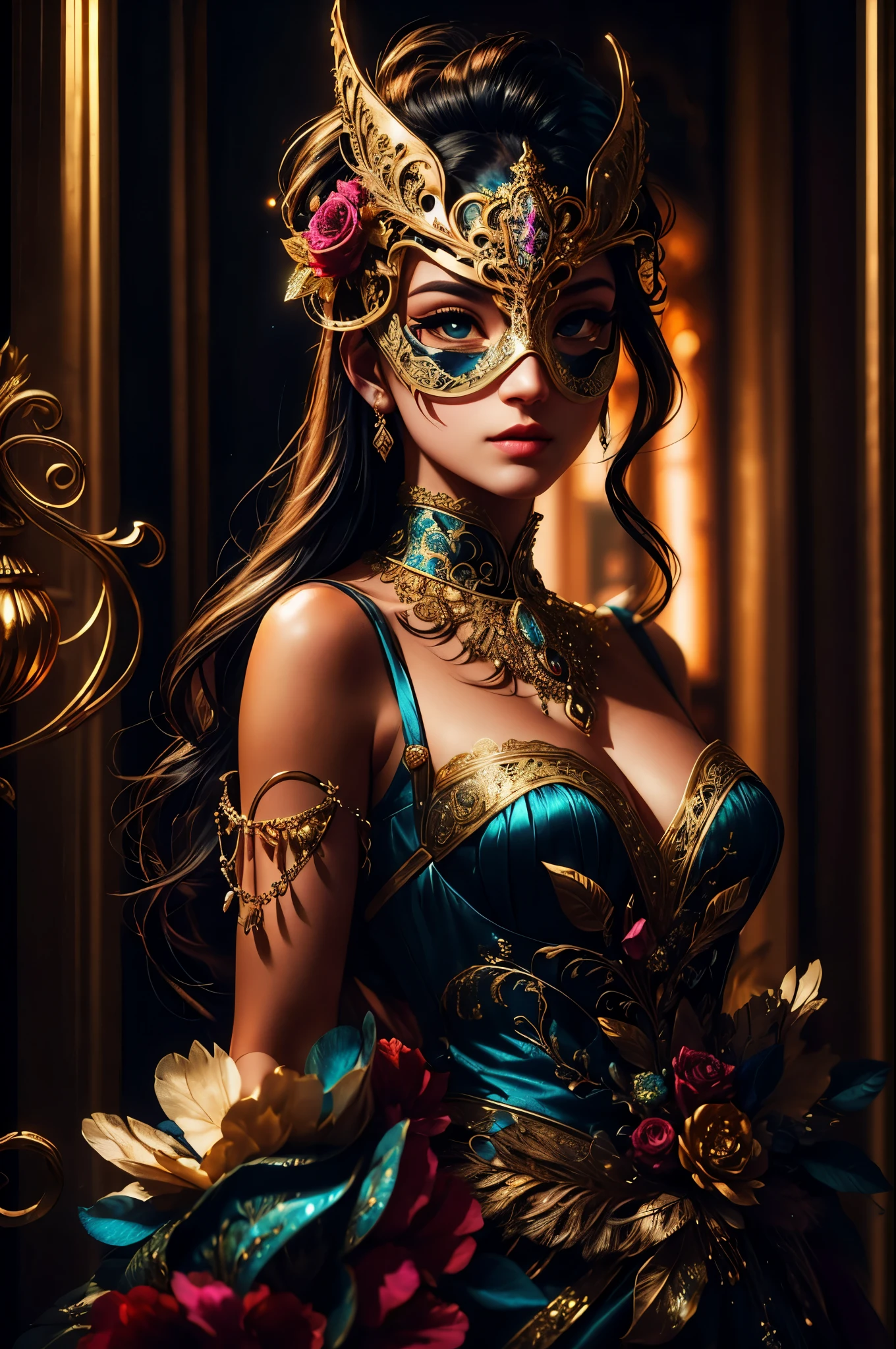 สร้างความภาคภูมิใจ, beautiful woman from the 18th century wearing a stunning and ซับซ้อนly detailed silk ballgown adorned with lace and jewels. She is in the midst of an สง่างาม masquerade ball and surrounded by music, การตกแต่งแบบรอยัล, และรายละเอียดราคาแพง. ((ผู้หญิงคนนั้นถือหน้ากากสวมหน้ากากที่ประณีตและหรูหราซึ่งได้รับแรงบันดาลใจจากเทพนิยายแฟนตาซี.)) Her face is ซับซ้อนly detailed and realistic with puffy lips and a big mouth. สำคัญ: ดวงตาของเธอมีความสําคัญและสวยงาม, ด้วยรายละเอียดที่สมจริงมากมาย, การแรเงาที่สมจริง, และหลายสีและเฉดสี. ฉากนี้เป็นลูกบอลมาสเคอเรดที่สวยงาม, โดยที่ขุนนาง, ชาวโซเชียล, และแขกลึกลับจากดินแดนอันไกลโพ้นมารวมตัวกันในค่ําคืนที่น่าจดจํา. ตั้งแต่หน้ากากเวนิสไปจนถึงการสร้างสรรค์ขนนกที่ประณีต, การปลอมตัวของแขกแต่ละคนสะท้อนให้เห็นถึงบุคลิกที่เป็นเอกลักษณ์และความปรารถนาที่ไม่ได้พูด. เมื่อช่วงเย็นที่ผ่านมา, หน้ากากกลายเป็นทั้งสัญลักษณ์ของการปกปิดและการเปิดเผย, อนุญาตให้ผู้เข้าร่วมเปิดเผยส่วนของตัวเองที่พวกเขาอาจจะซ่อนไว้. ดื่มด่ํากับเสน่ห์ของลูกบอลสวมหน้ากากในศตวรรษที่ 19 นี้, ที่ซึ่งความสง่างามของยุคอดีตและความลึกลับของหน้ากากรวมกันเพื่อสร้างประสบการณ์ที่มีเสน่ห์ที่จะคงอยู่ในใจคุณตลอดไป. ใช้องค์ประกอบแบบไดนามิกเพื่อดึงดูดความสนใจของผู้ชม. (((ผลงานชิ้นเอก))), ซับซ้อน, สง่างาม, มีรายละเอียดสูง, คู่บารมี, การถ่ายภาพดิจิตอล, งานศิลปะโดย Artgerm และ Ruan Jia และ Gregor Rutkowski, (ผลงานชิ้นเอก, ดวงตาที่สวยงามที่มีรายละเอียดประณีต: 1.2), เอชดีอาร์, เนื้อสัมผัสของผิวที่สมจริง, (((ผู้หญิง 1 คน))), (((ตามลำพัง)))