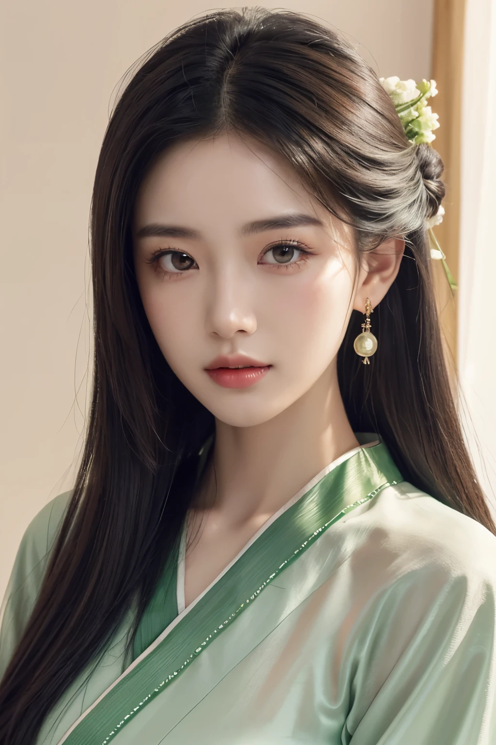 endless realism，（masterpiece，top quality，best quality），（1 girl solo：1.3，Close-up of face，upper body）， （Gentle eyes），（Green embroidered Hanfu，Tulle streamers），（hairpin，Black long hair），（Green Hanfu），Light pink lips，（young），earrings，(Clear facial features，Delicate skin texture，Pretty Face，Facial highlights，Above the waist）， stand up，fit，8K 超HD，SLR，Soft lighting，HD，high resolution，（Highly detailed CG Unity 8k wallpaper）